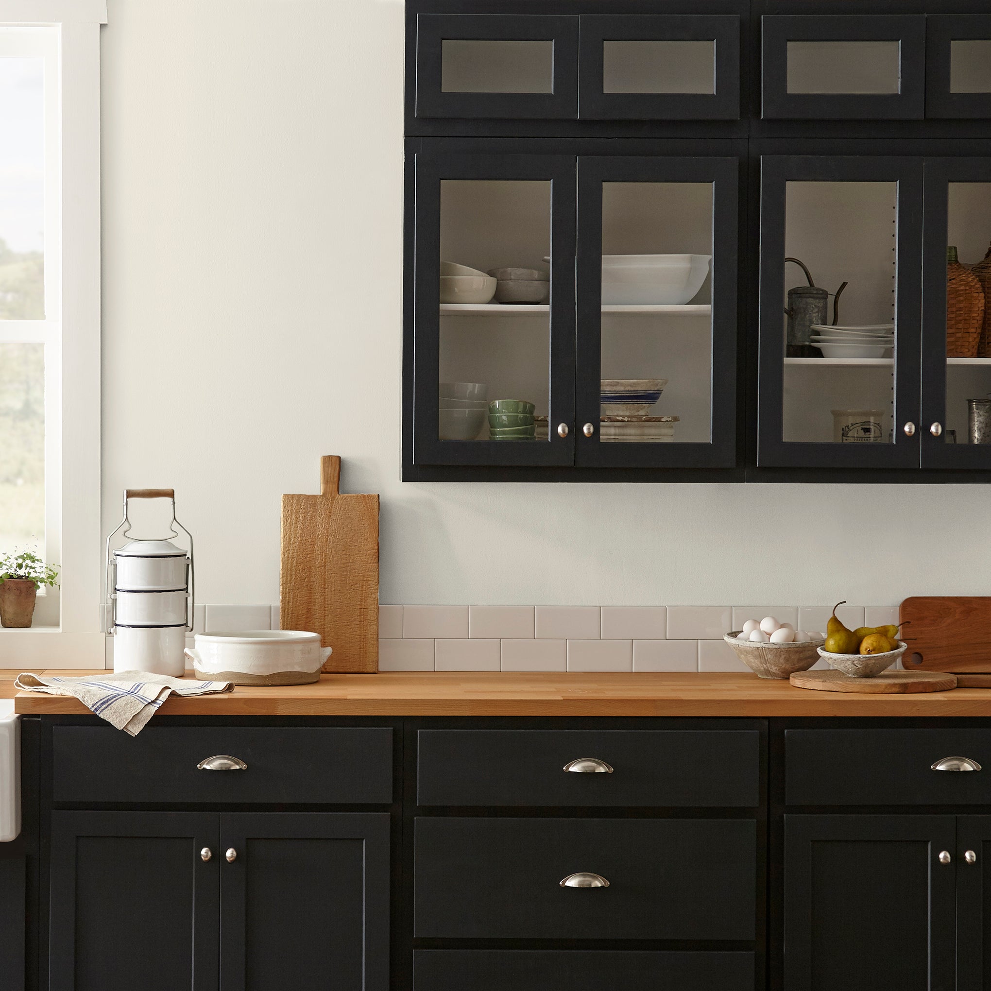 A bleached beige interior paint named pearly cotton shown painted on kitchen wall