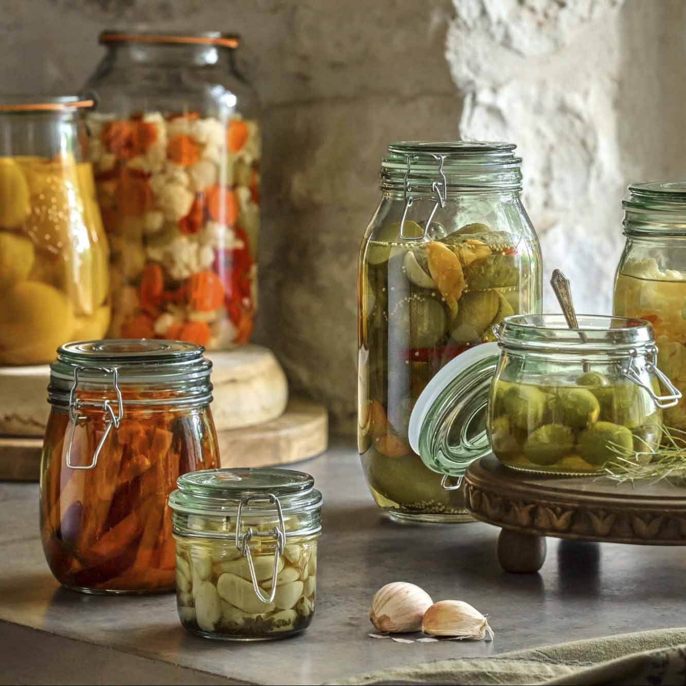 Jars full of pickles, sauces, and jams to preserve the best flavors of the season.