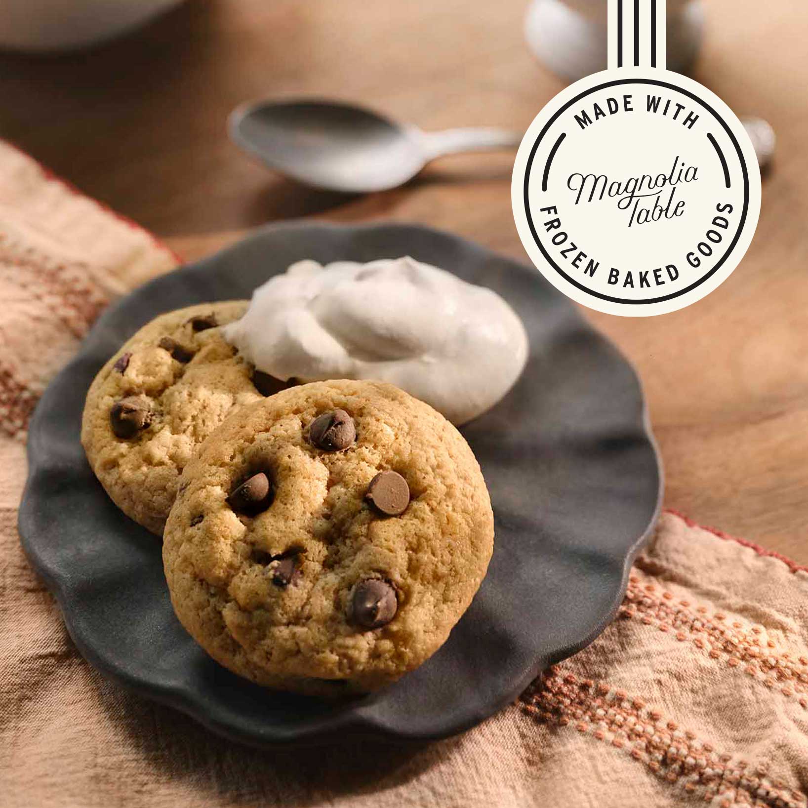 Chocolate Chip Cookies with Whipped Cream + Coffee Recipe - made with Magnoliass Table Frozen Baked Goods