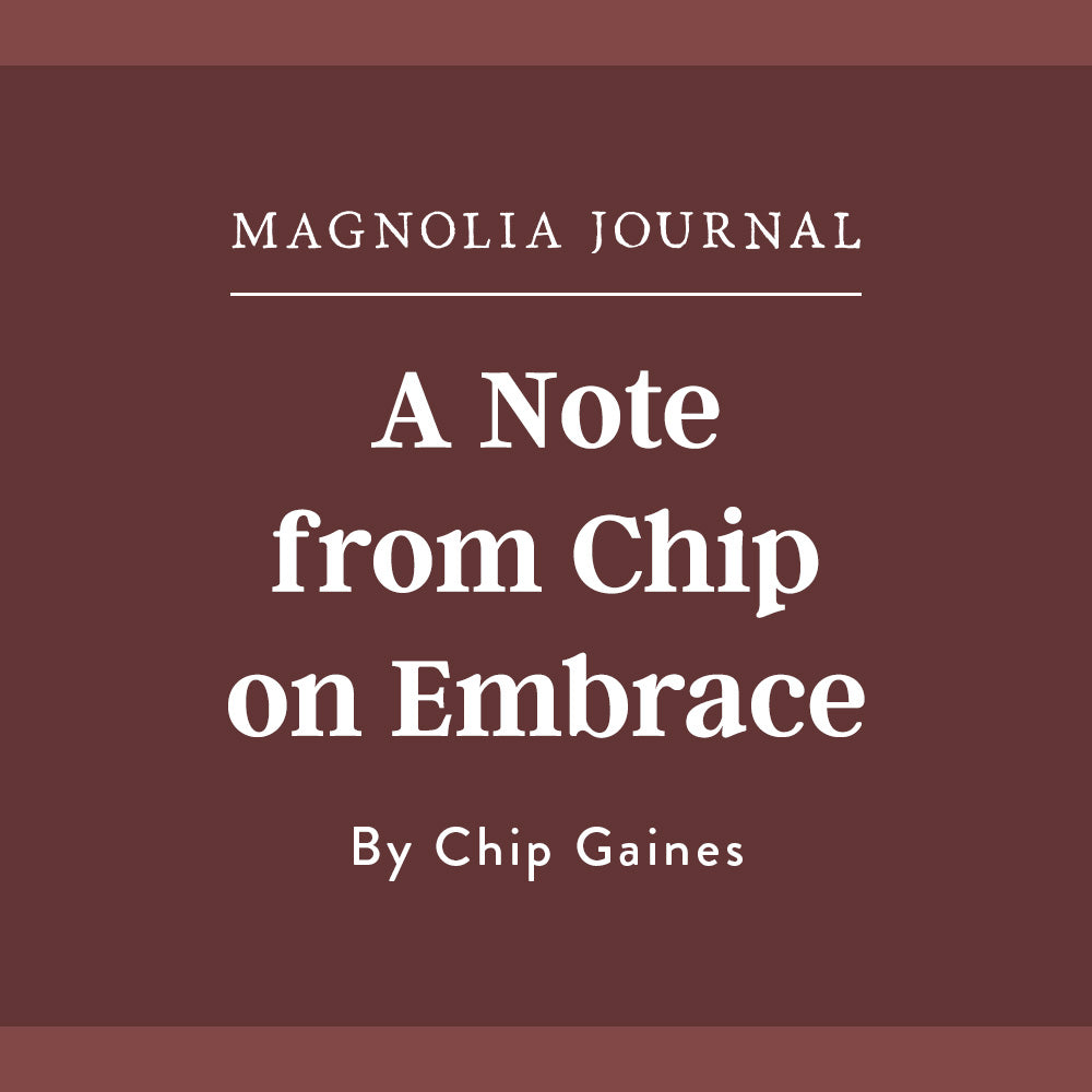 A burgundy square graphic with "A Note from Chip on Embrace" in white text.