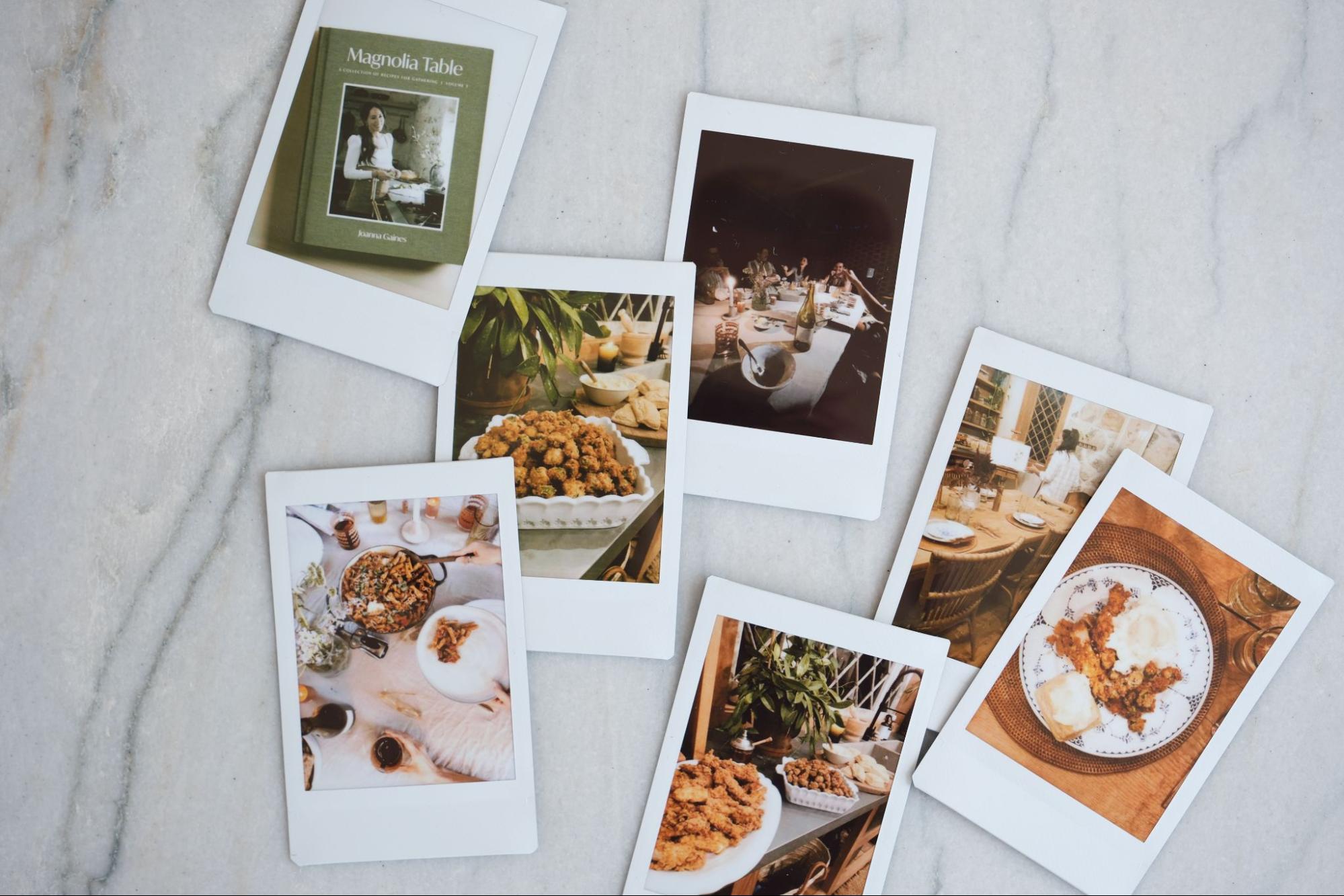 A collection of polaroid images featuring dishes from Magnoliass Table, Volume 3 and a dinner gathering.