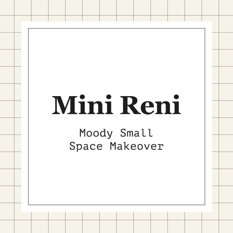 Square graphic with surrounded by a gridded design and centered with black text that says "Mini Reni | Moody Small Space Makeover."