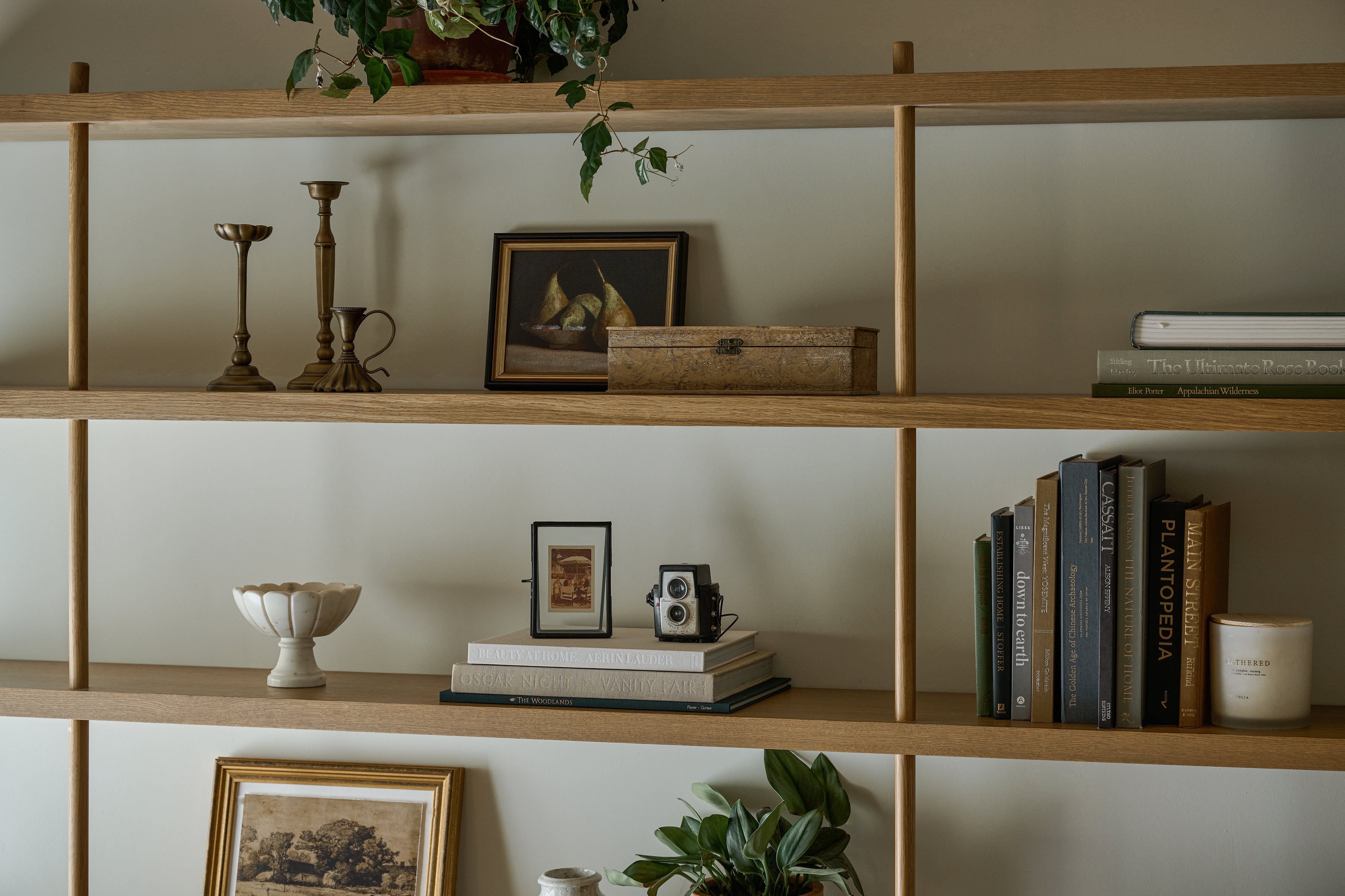 Open shelves styled with collected decor. 