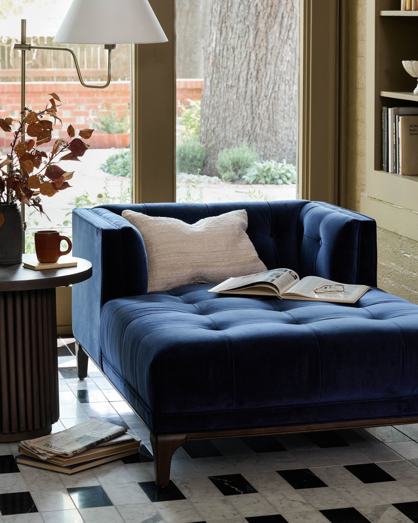 Maren Library Floor Lamp in a home next to a chaise