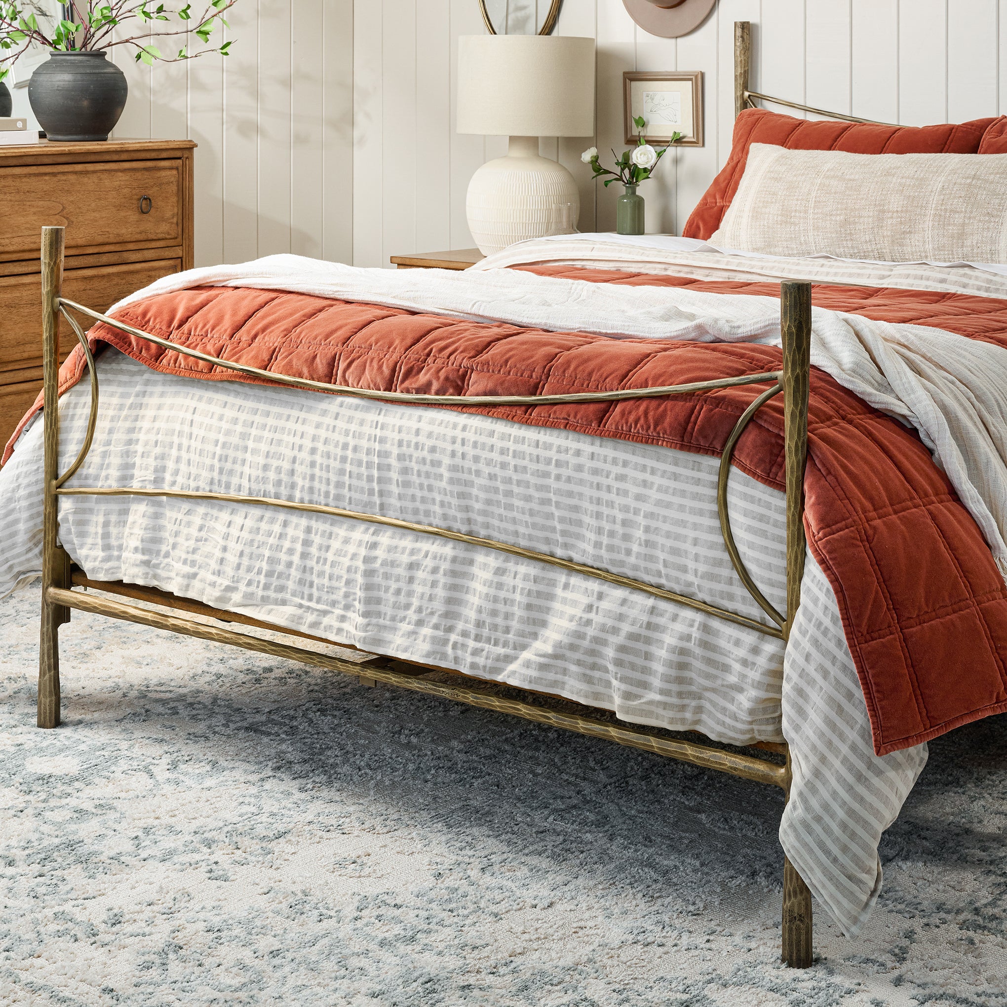 Angora + Oatmeal Stripe Linen Cotton Duvet on a bed
