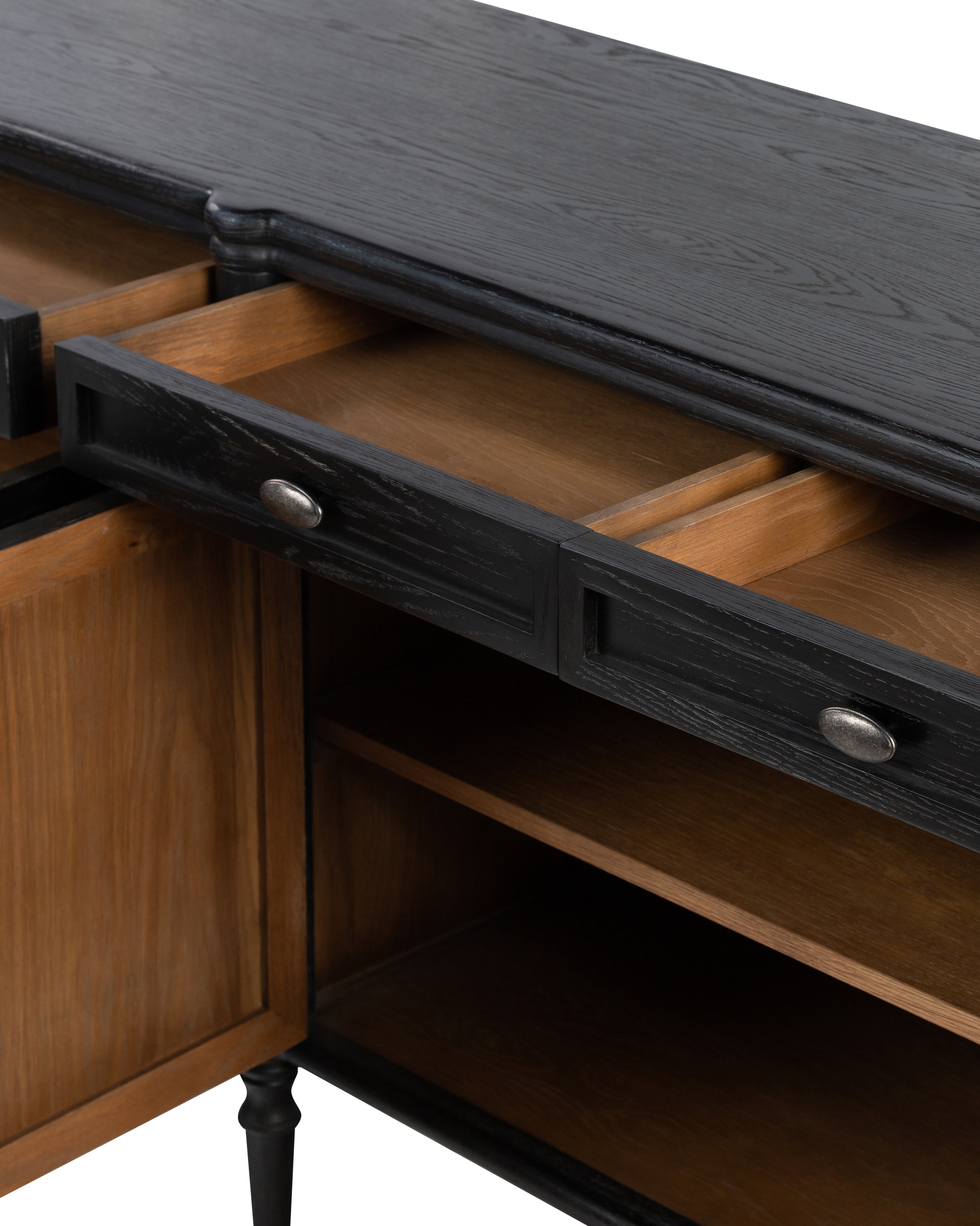 Gabrielle Sideboard in Distressed Black shown with open drawers and doors