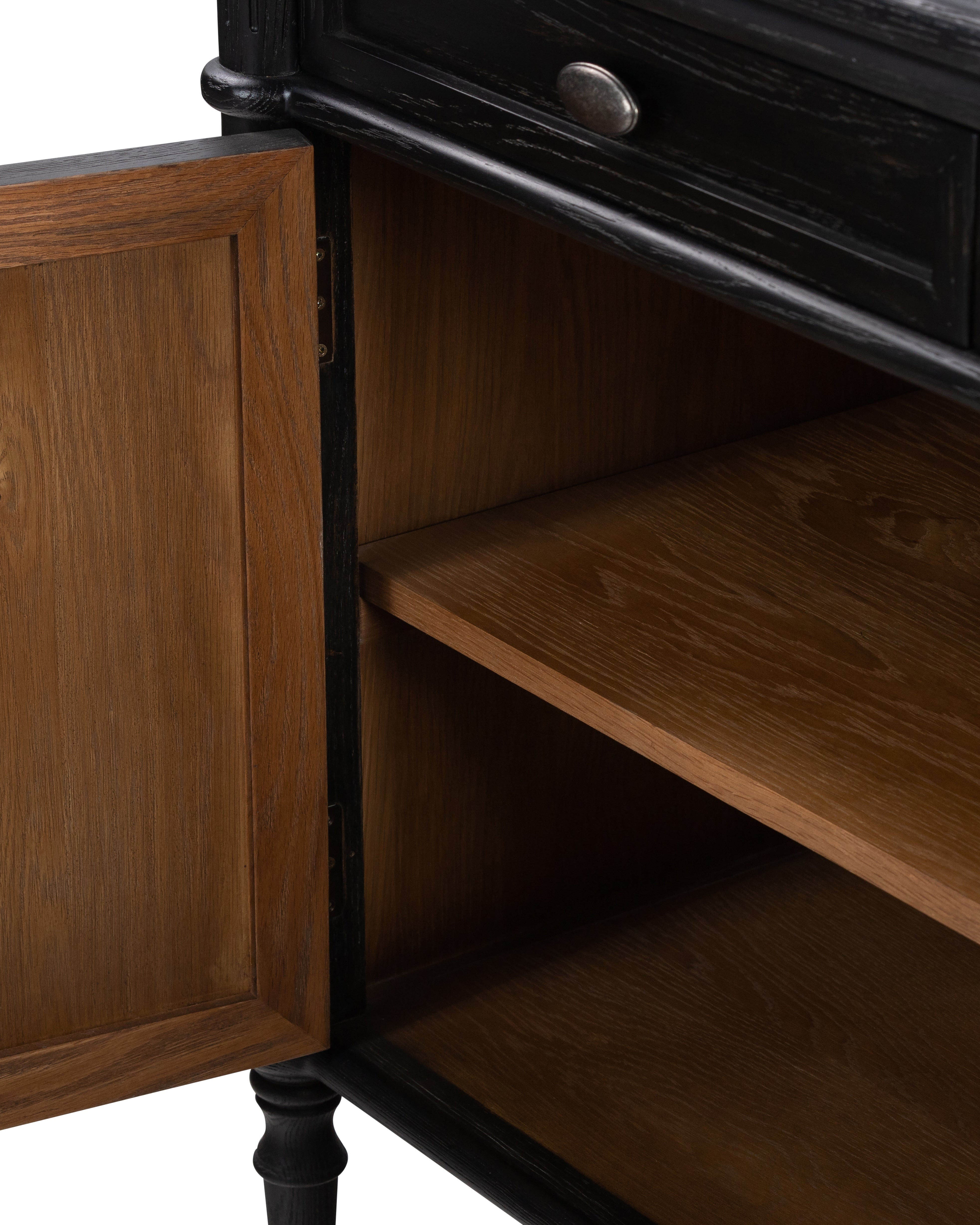 Gabrielle Sideboard in Distressed Black shown up close with open doors