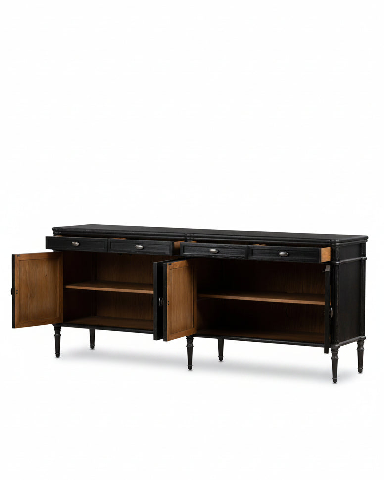 Gabrielle Sideboard in Distressed Black shown with open drawers and doors