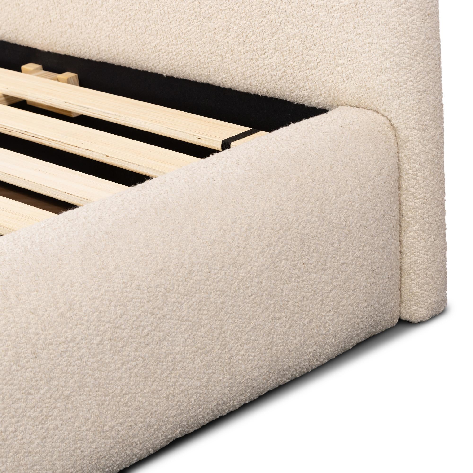 Darcy Bed cream boucle close up of frame