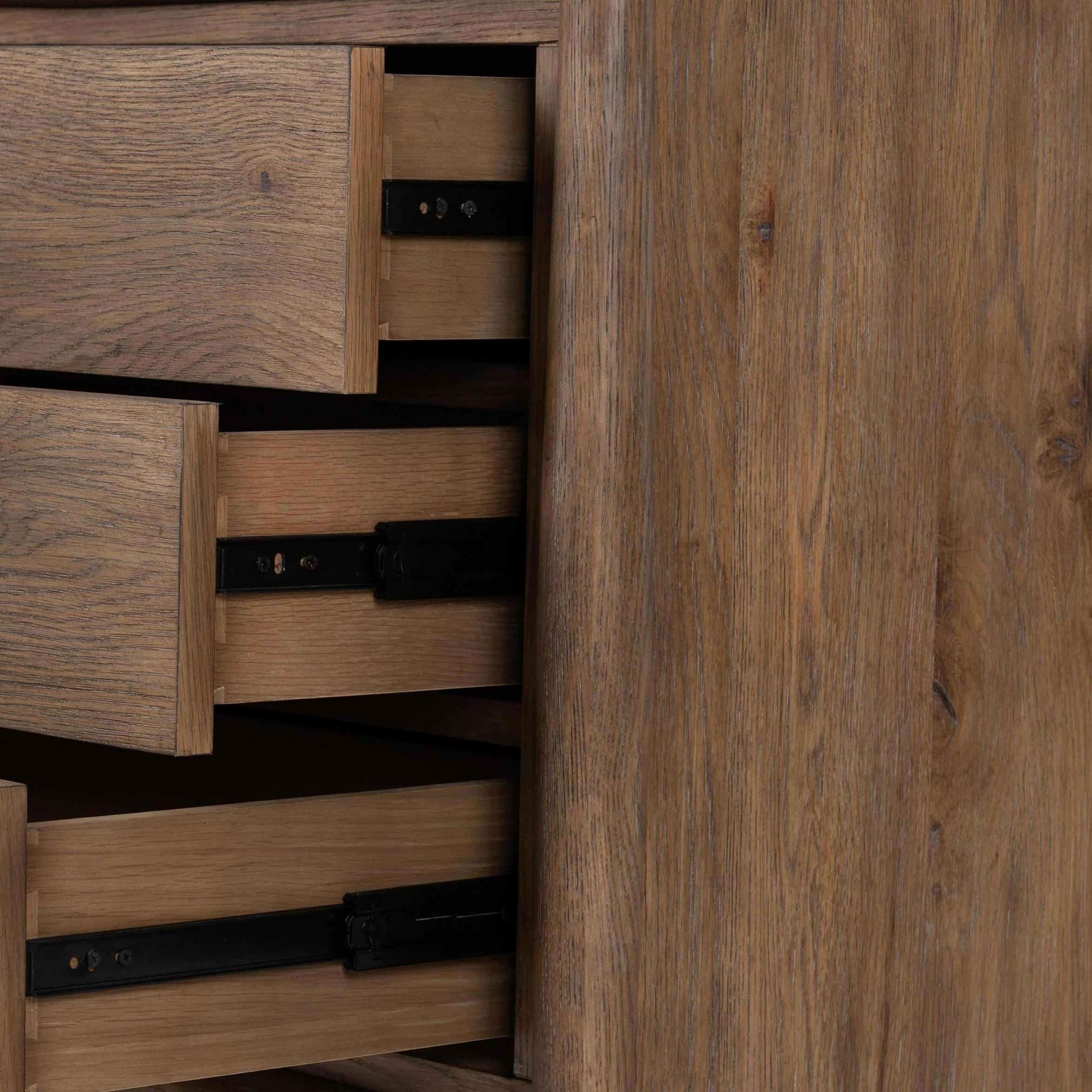 Flint Nightstand close up of hinges on open drawers