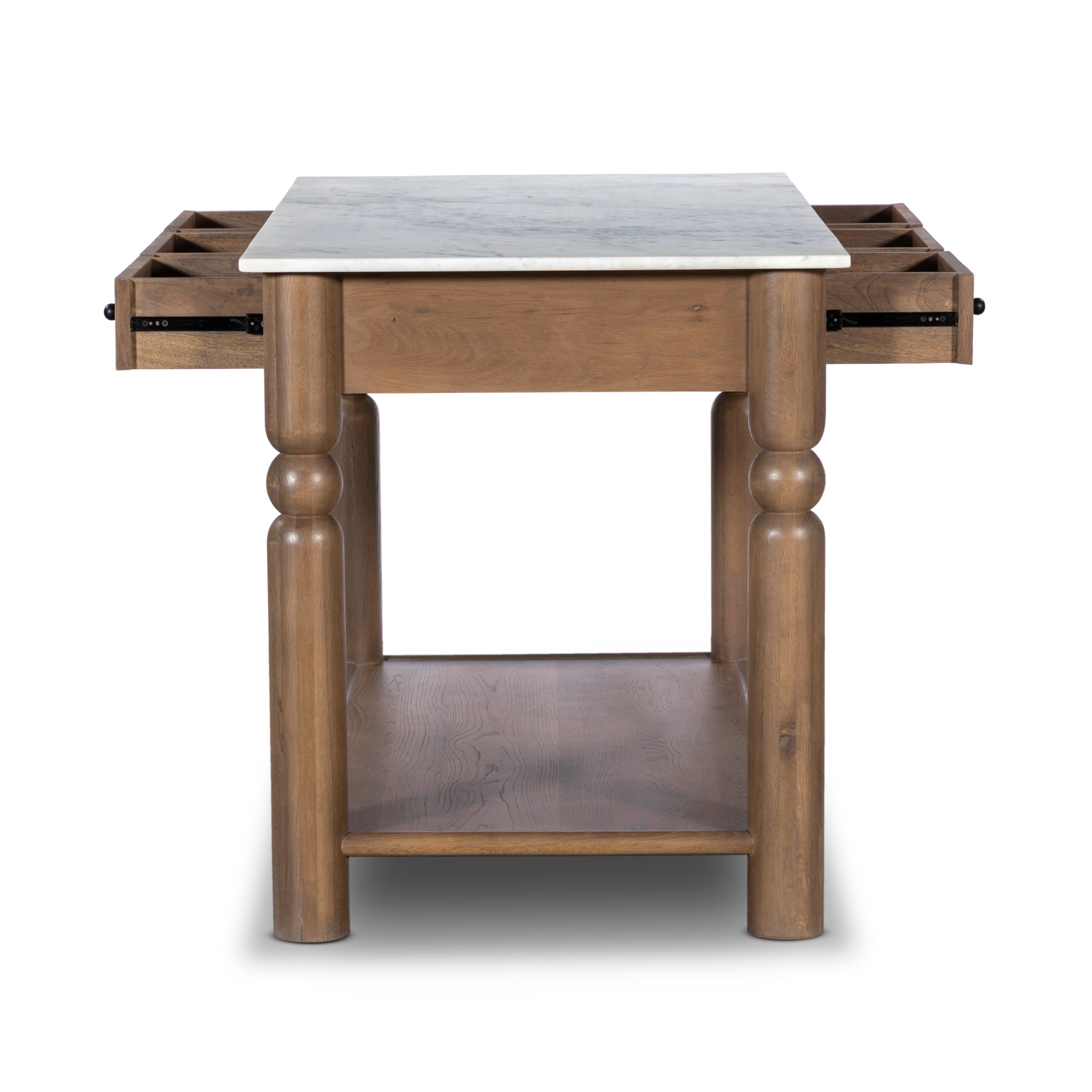 Hart Kitchen Island shown from end with drawers open