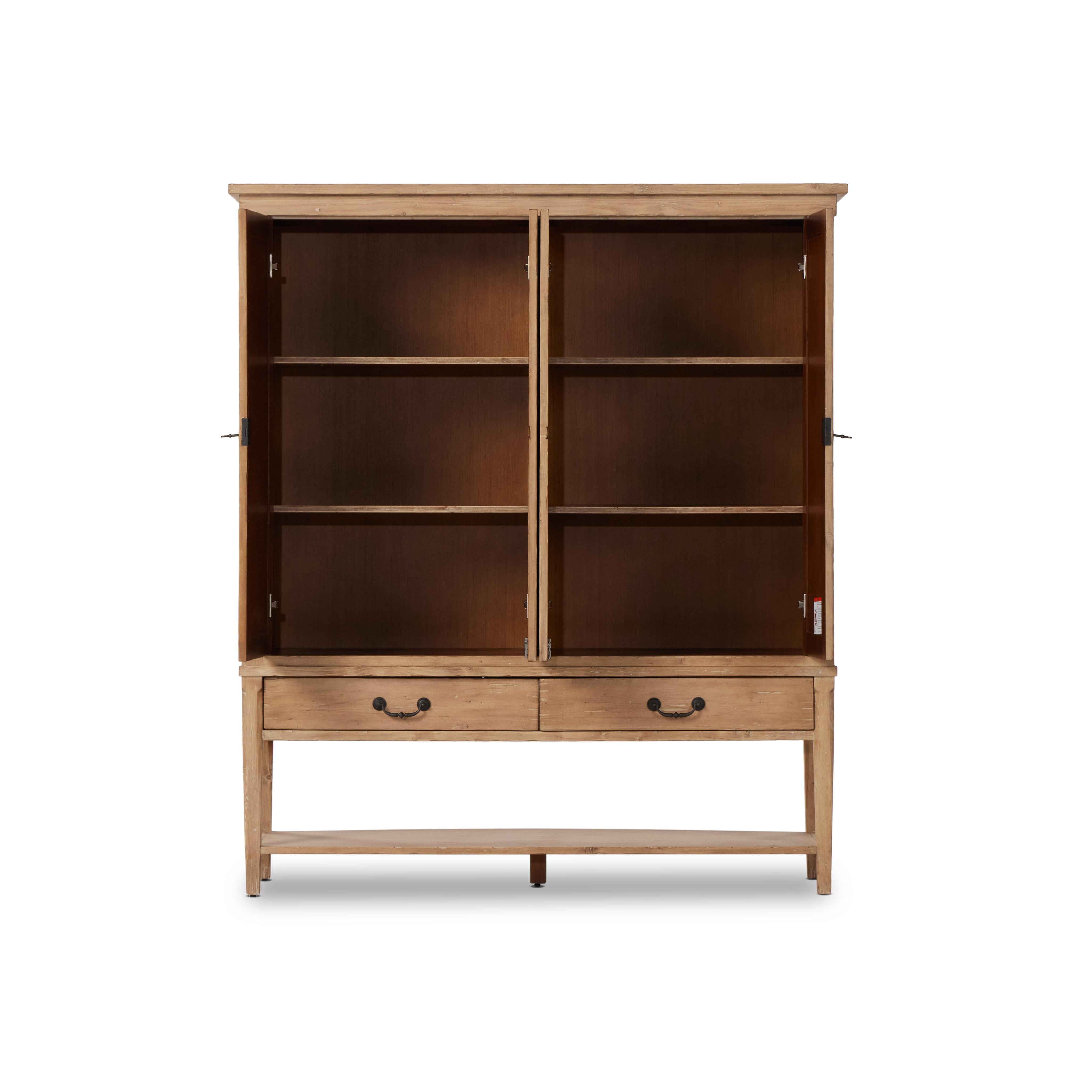 Hurston Wide Cabinet in aged light pine with cabinet doors open