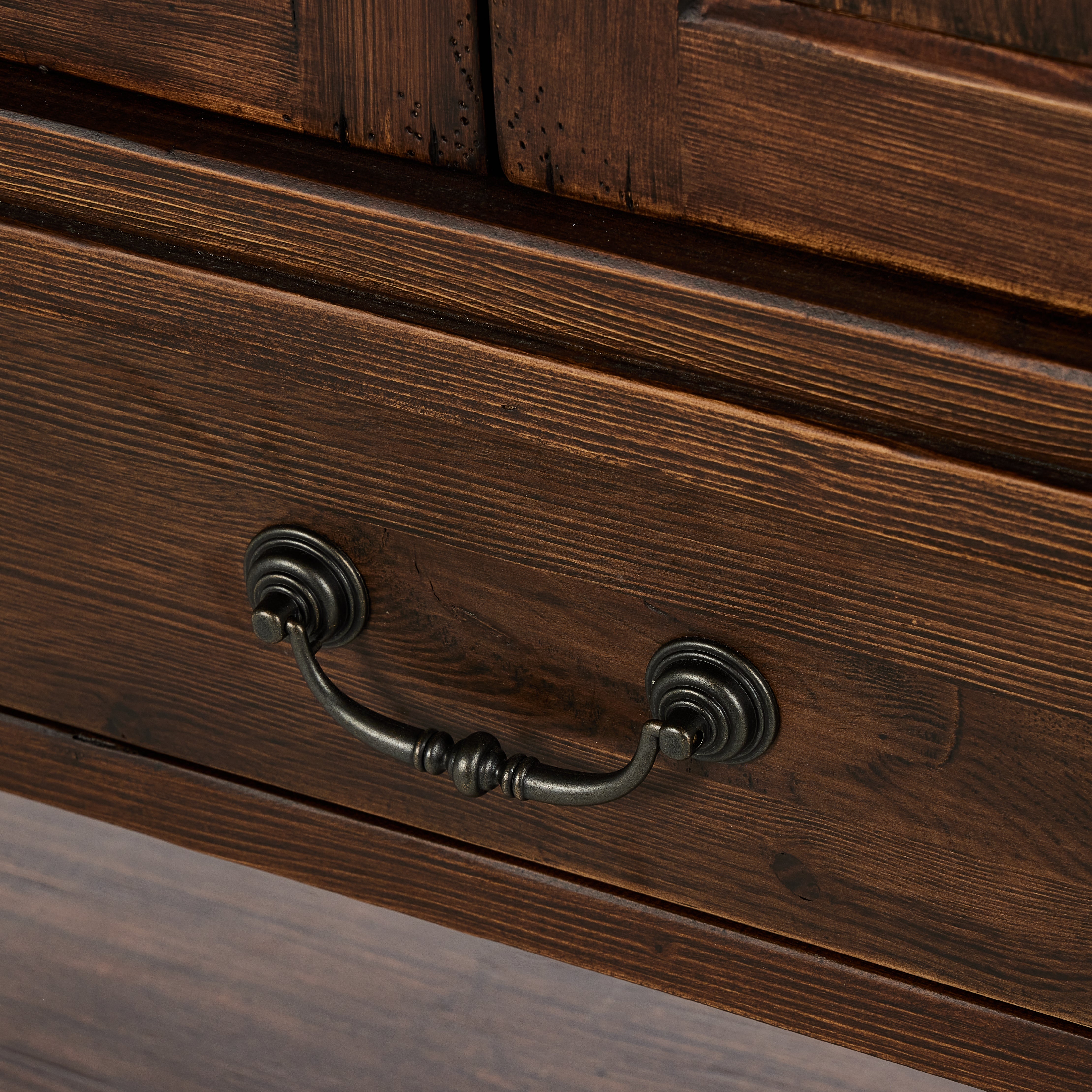 Hurston Wide Cabinet in aged pine handle up close