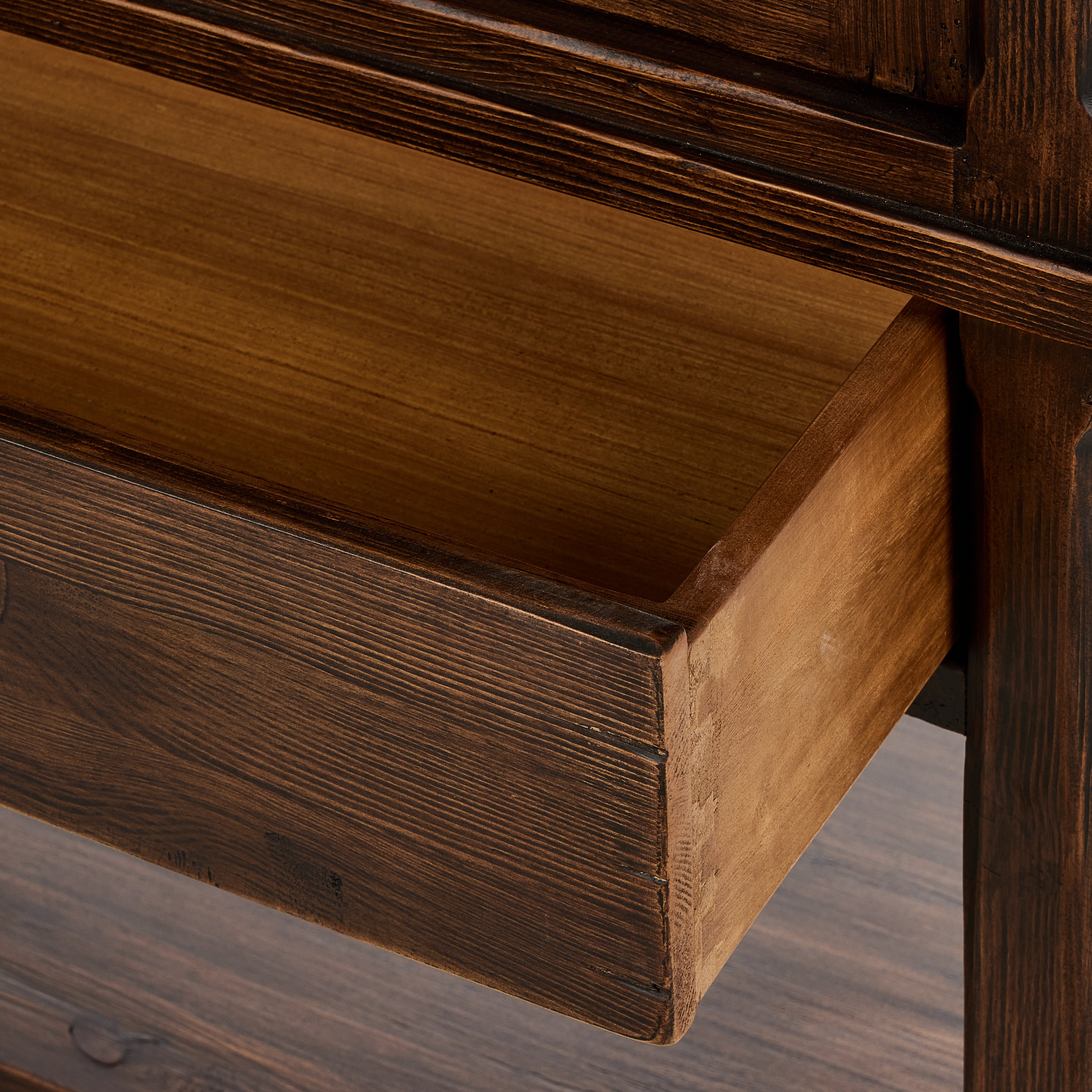 Hurston Wide Cabinet in aged pine drawer open up close