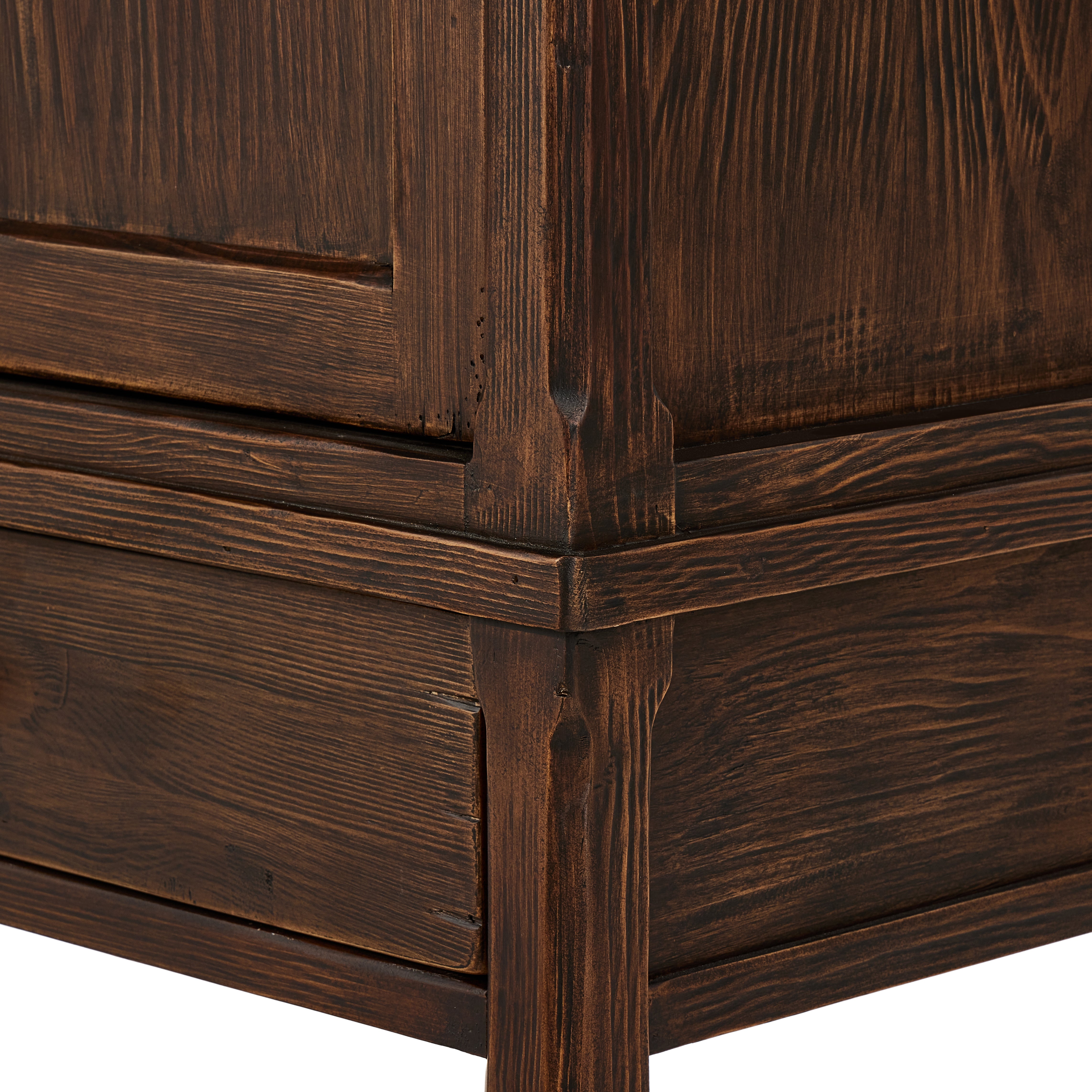Hurston Wide Cabinet in aged pine corner up close