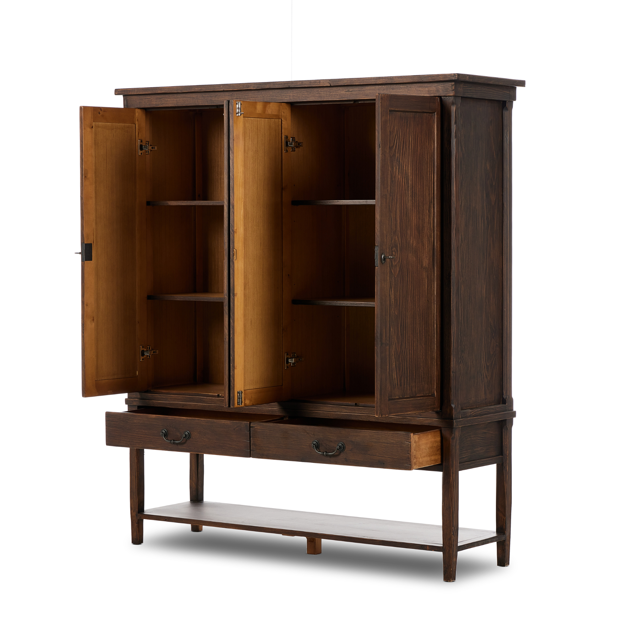 Hurston Wide Cabinet in aged pine with doors open