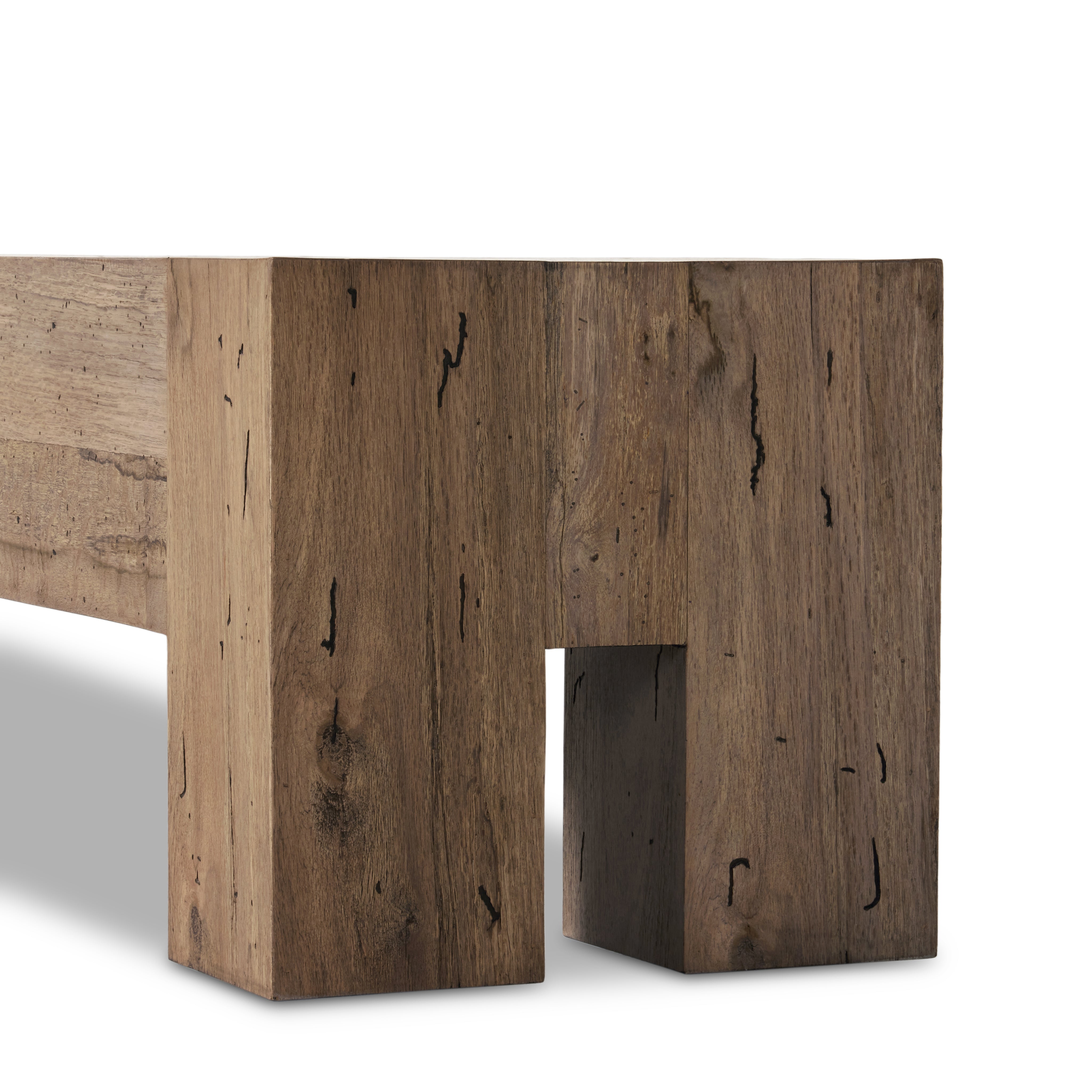 Powell Large Accent Bench in Rustic Oak color legs shown up close