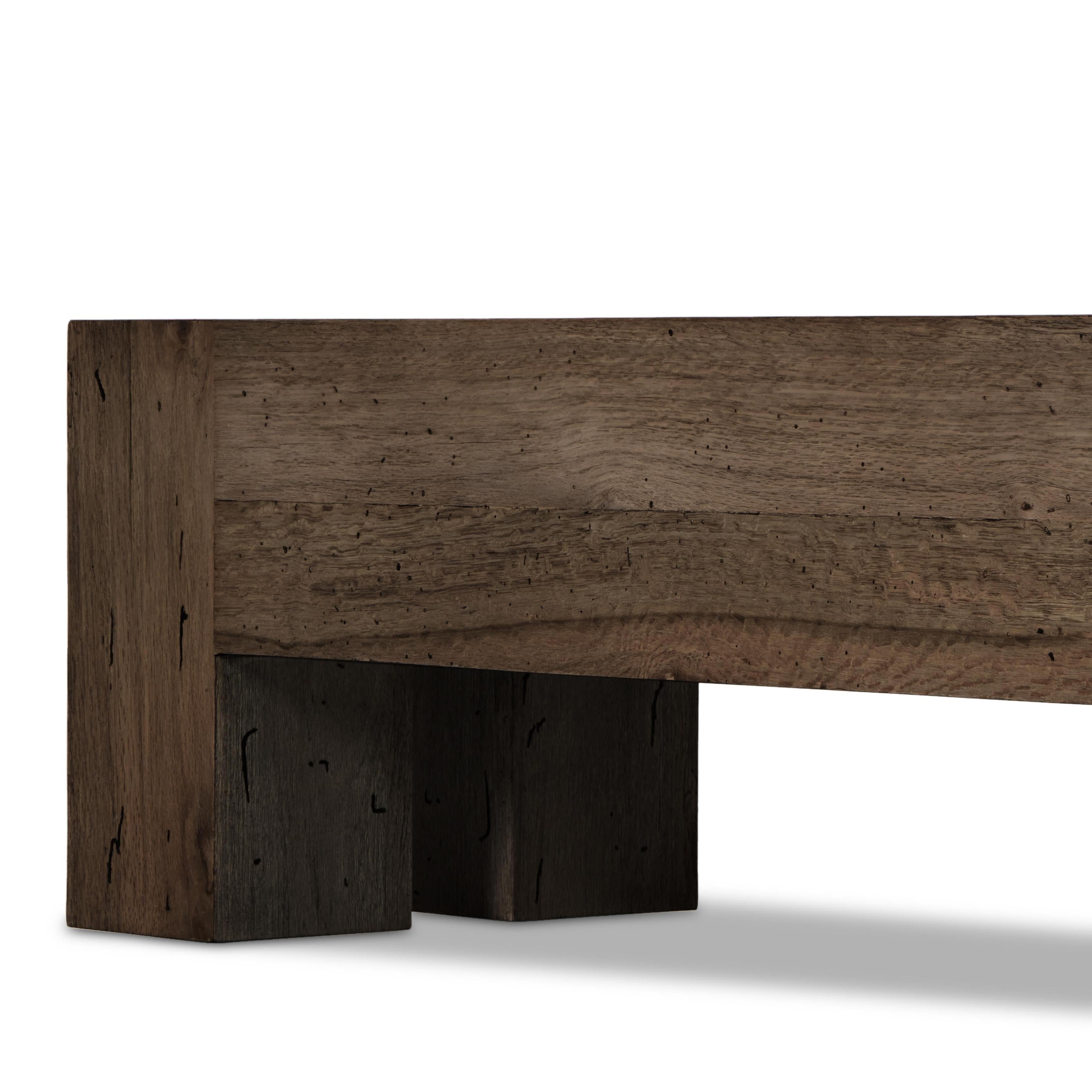 Powell Large Accent Bench in ebony oak close up angled front view