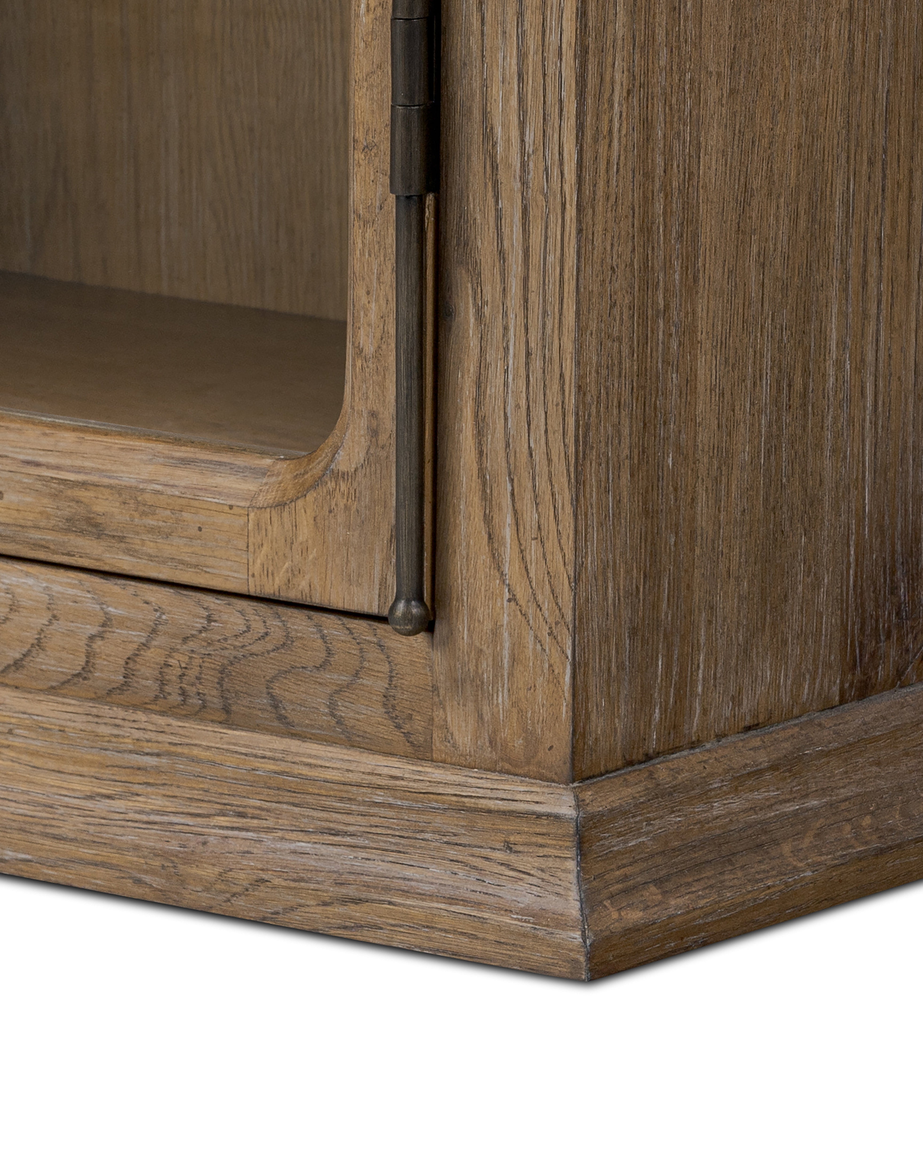 Weathered Oak Potter Cabinet bottom corner up close