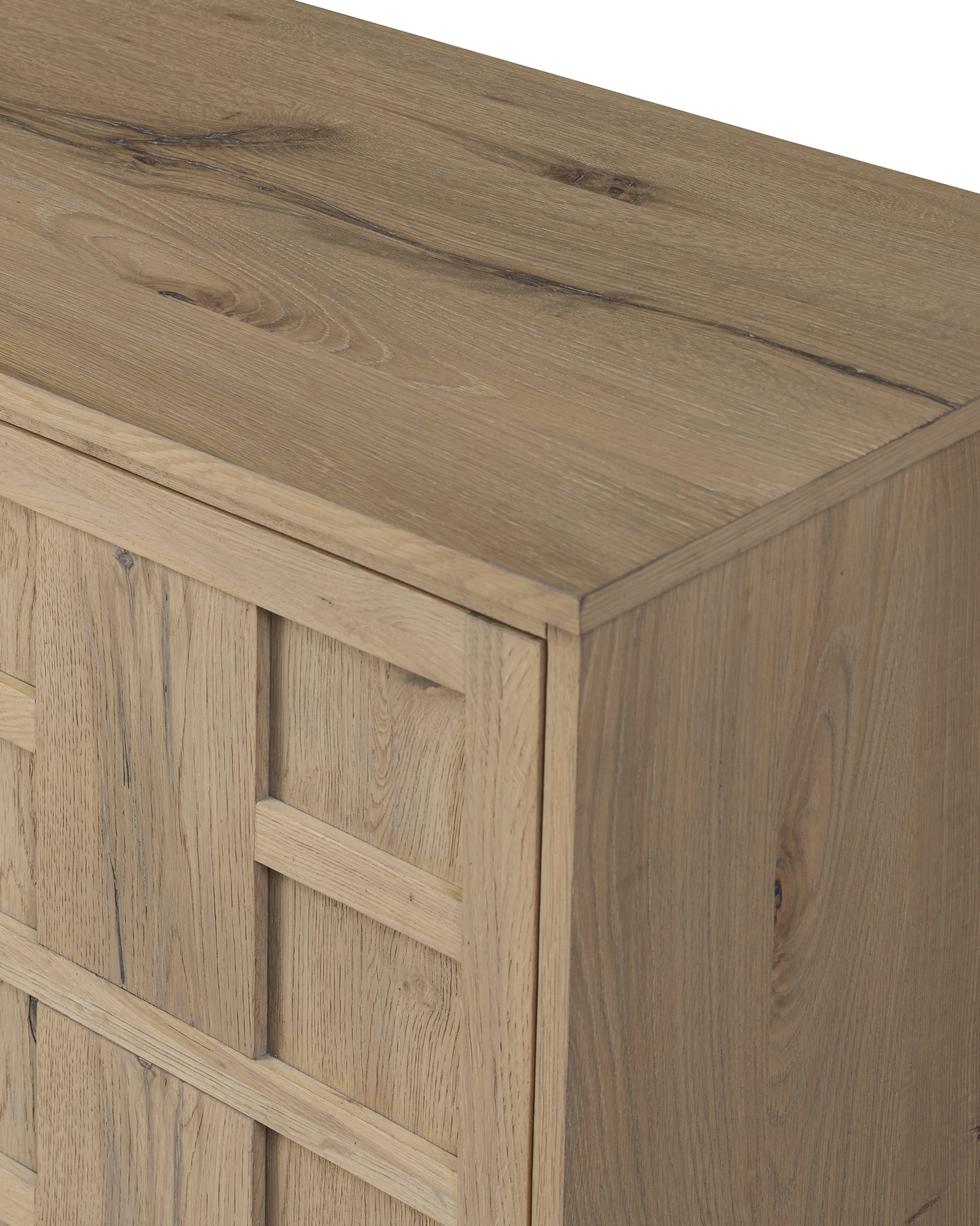 Aged Natural Oak Cara Sideboard corner and front up close