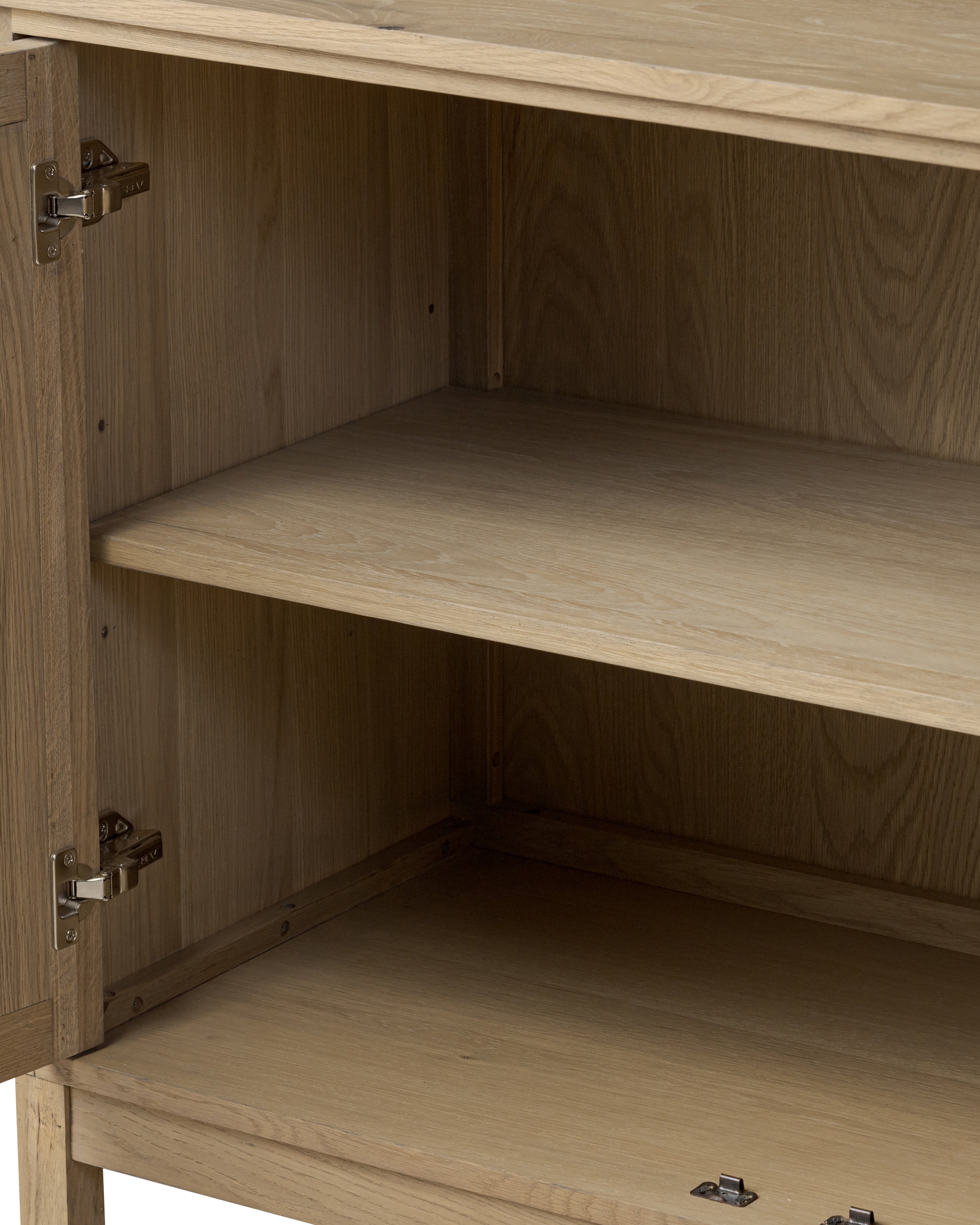 Aged Natural Oak Cara Sideboard doors shown open to shelf up close