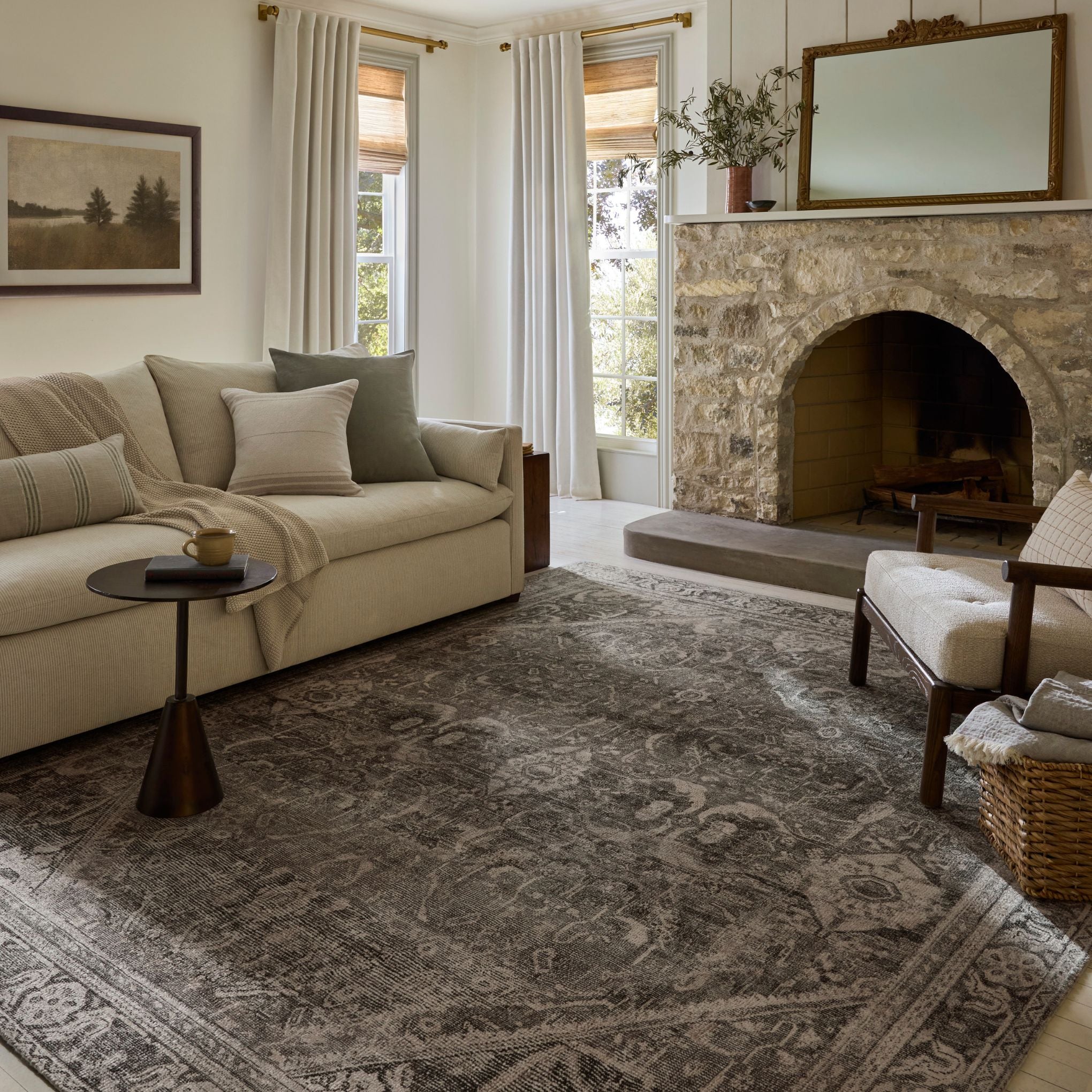 Wimberly Ink Bone Rug shown in living room
