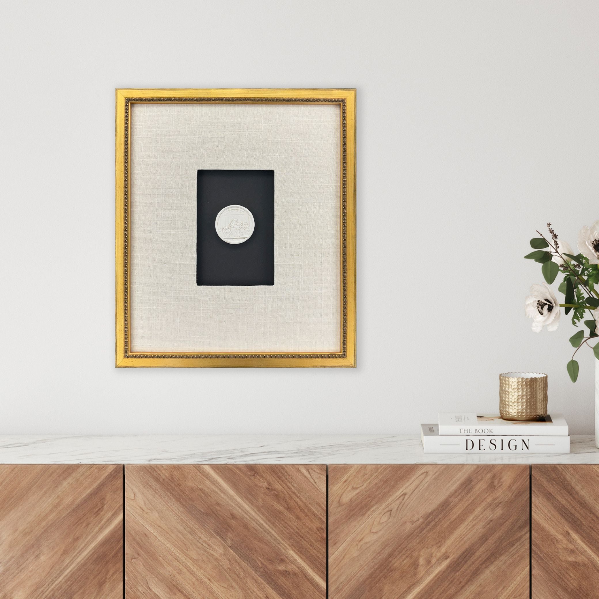 Framed Intaglio II shown hung on wall above dresser