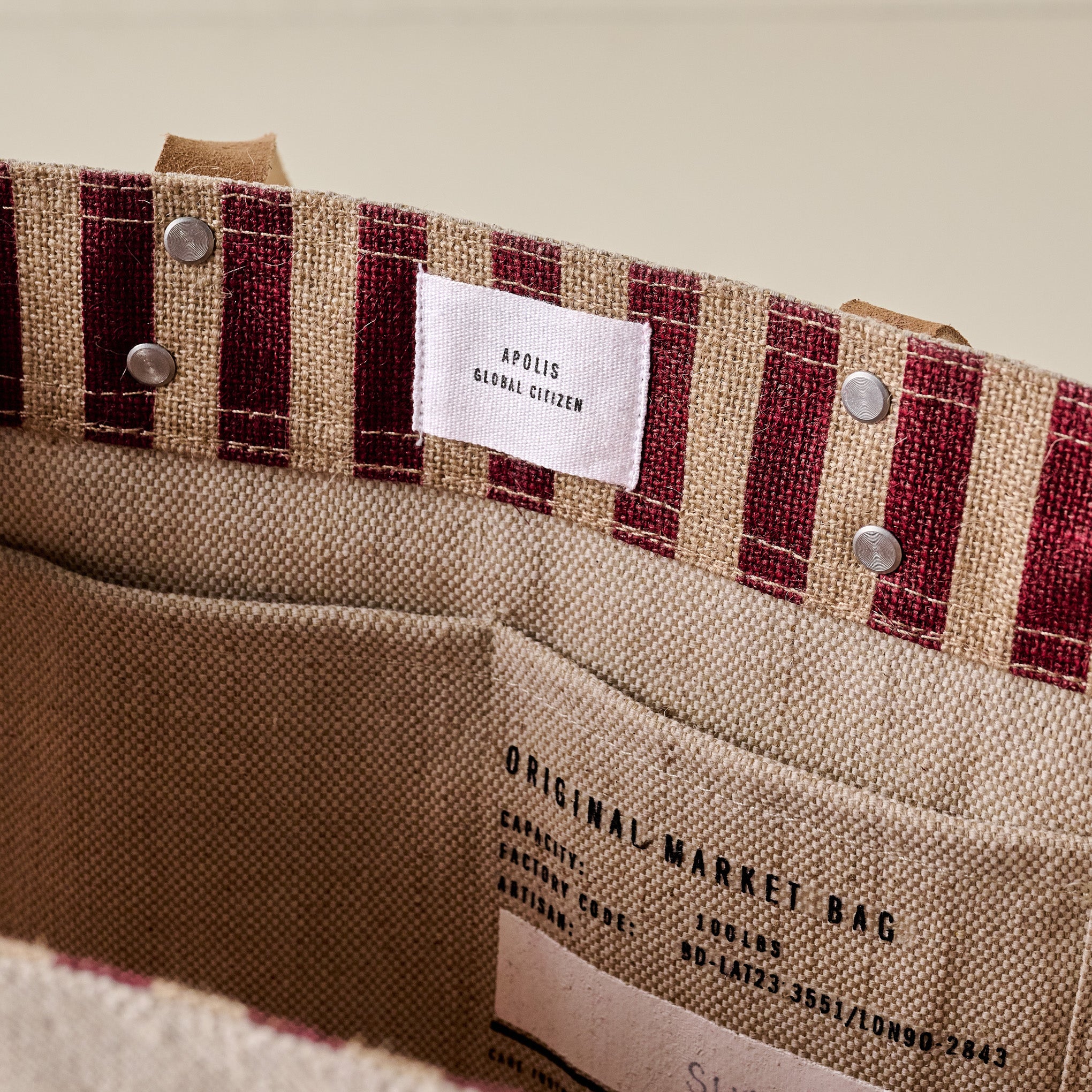 Magnoliass Burgundy Stripe Market Tote interior up close
