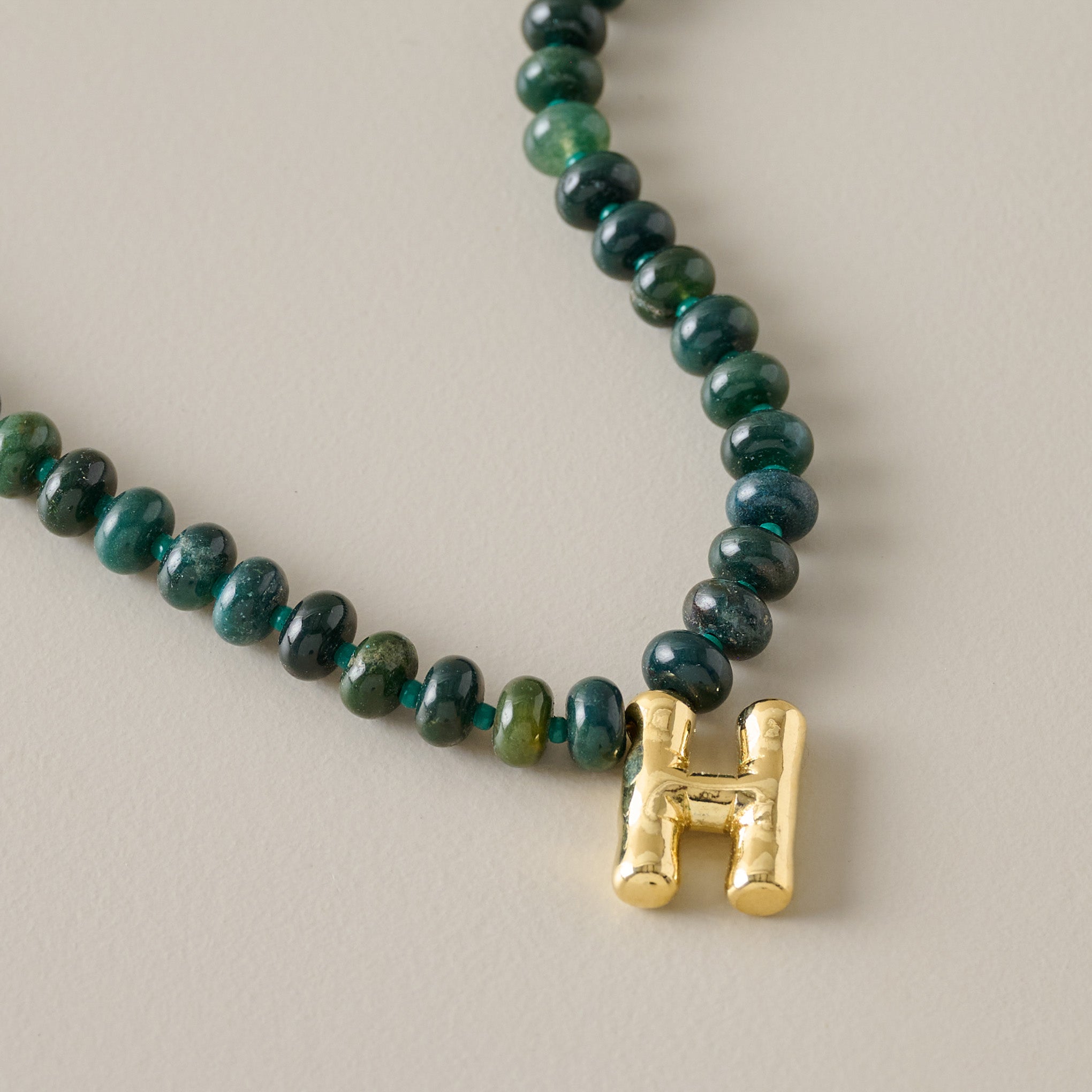 Bubble Initial Beaded Necklace Gold Olive Green - H