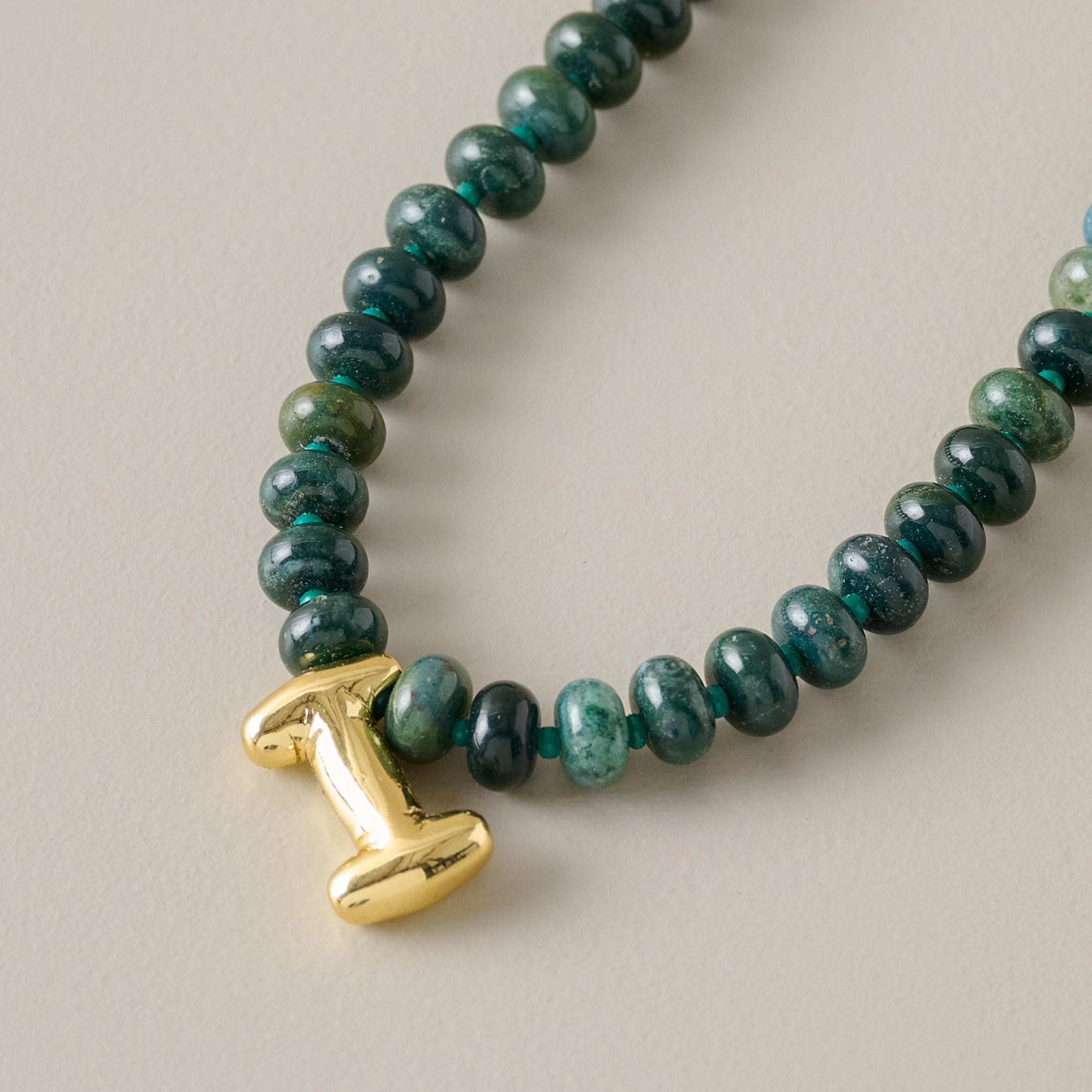 Bubble Initial Beaded Necklace Gold Olive Green - I