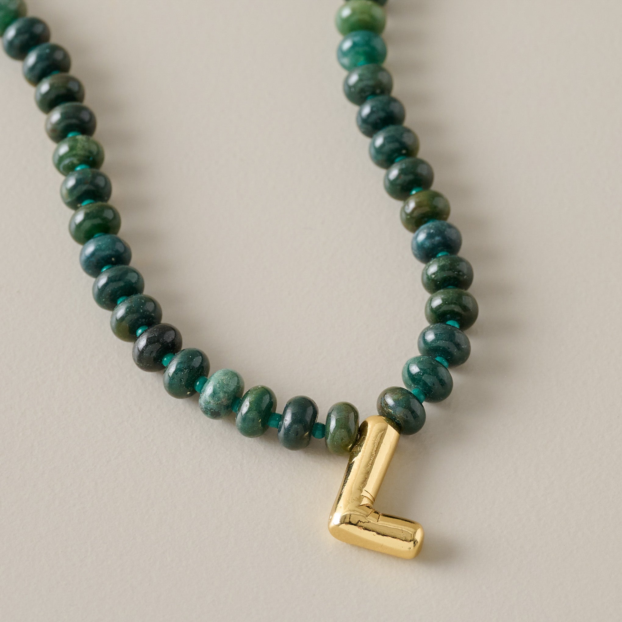 Bubble Initial Beaded Necklace Gold Olive Green - L
