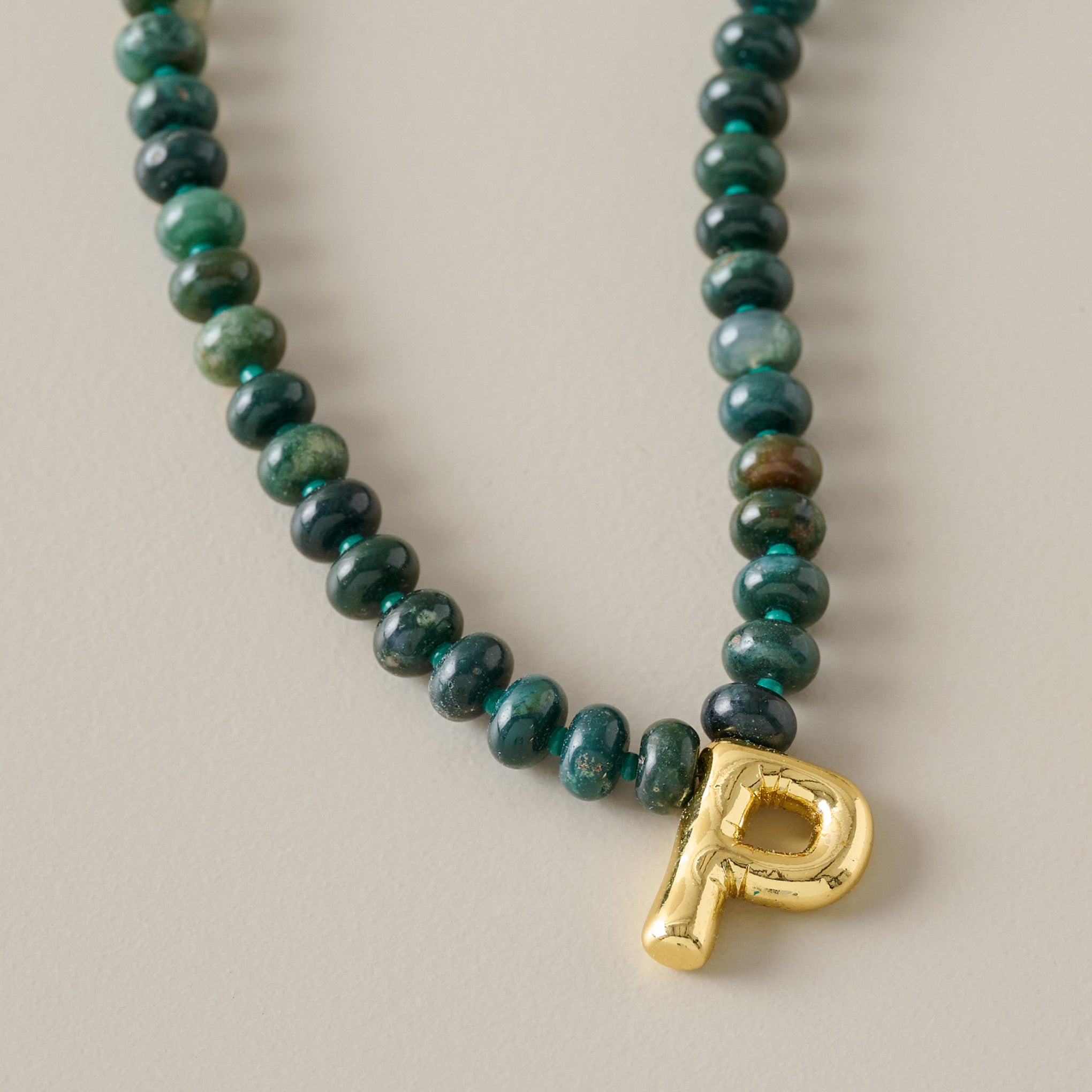 Bubble Initial Beaded Necklace Gold Olive Green - P