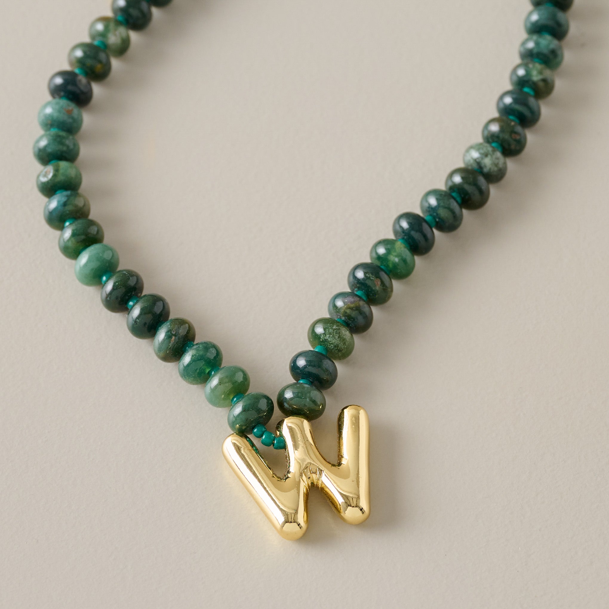 Bubble Initial Beaded Necklace Gold Olive Green - W