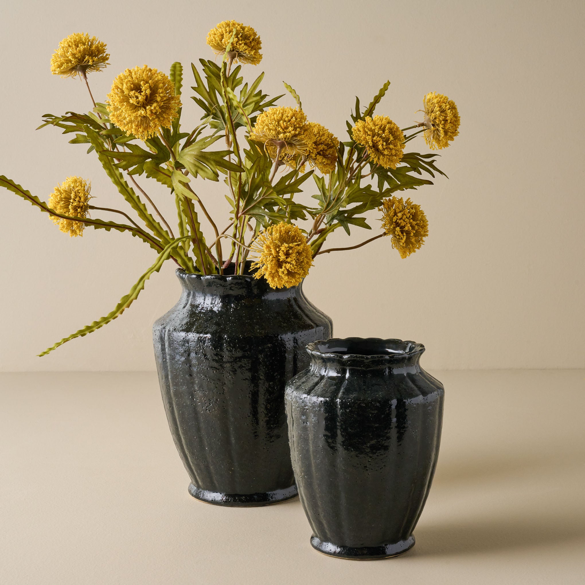 Yellow Large Thistle Bush shown in black vase with empty smaller vase nearby