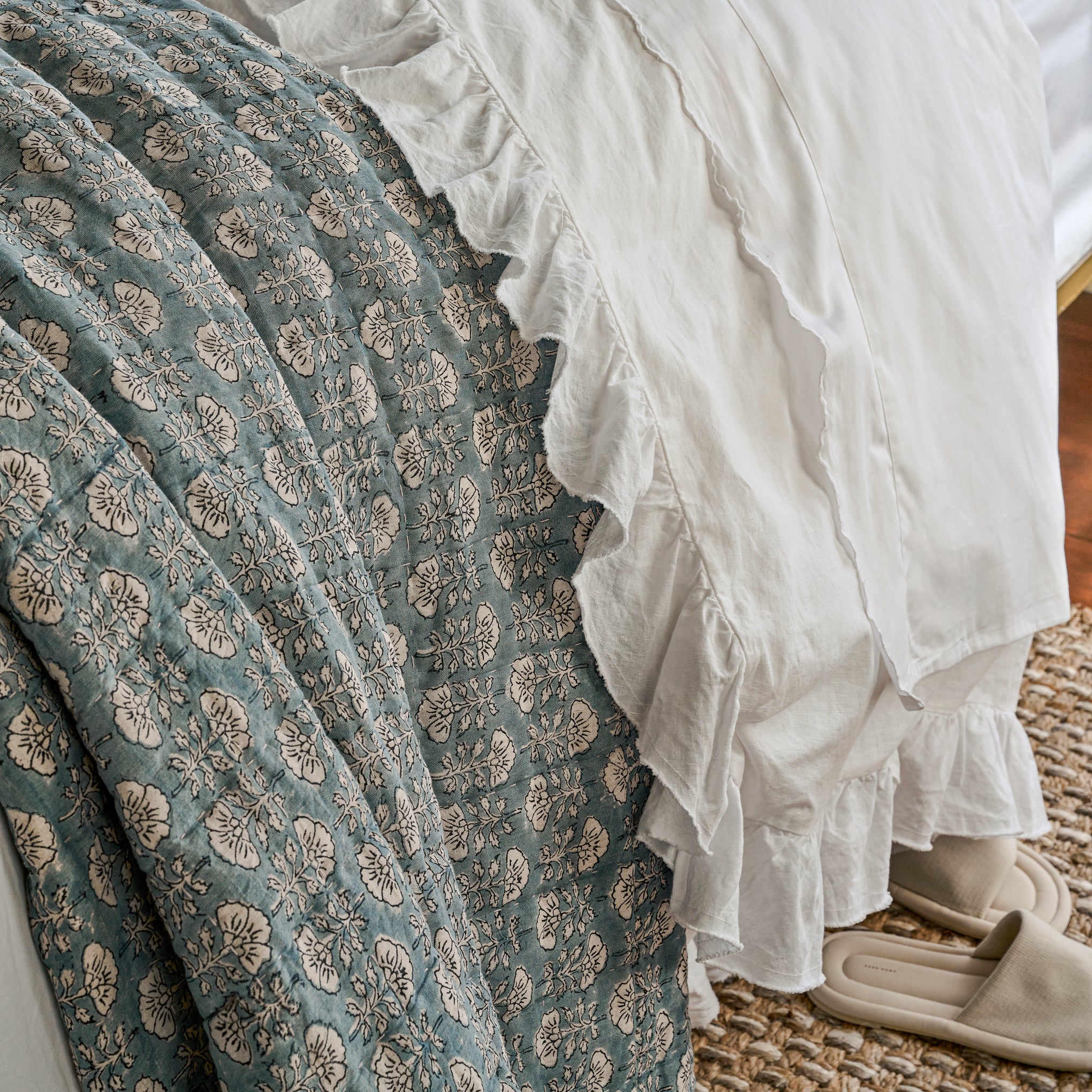 Optic White Scalloped Edge Sheet Set shown on bed