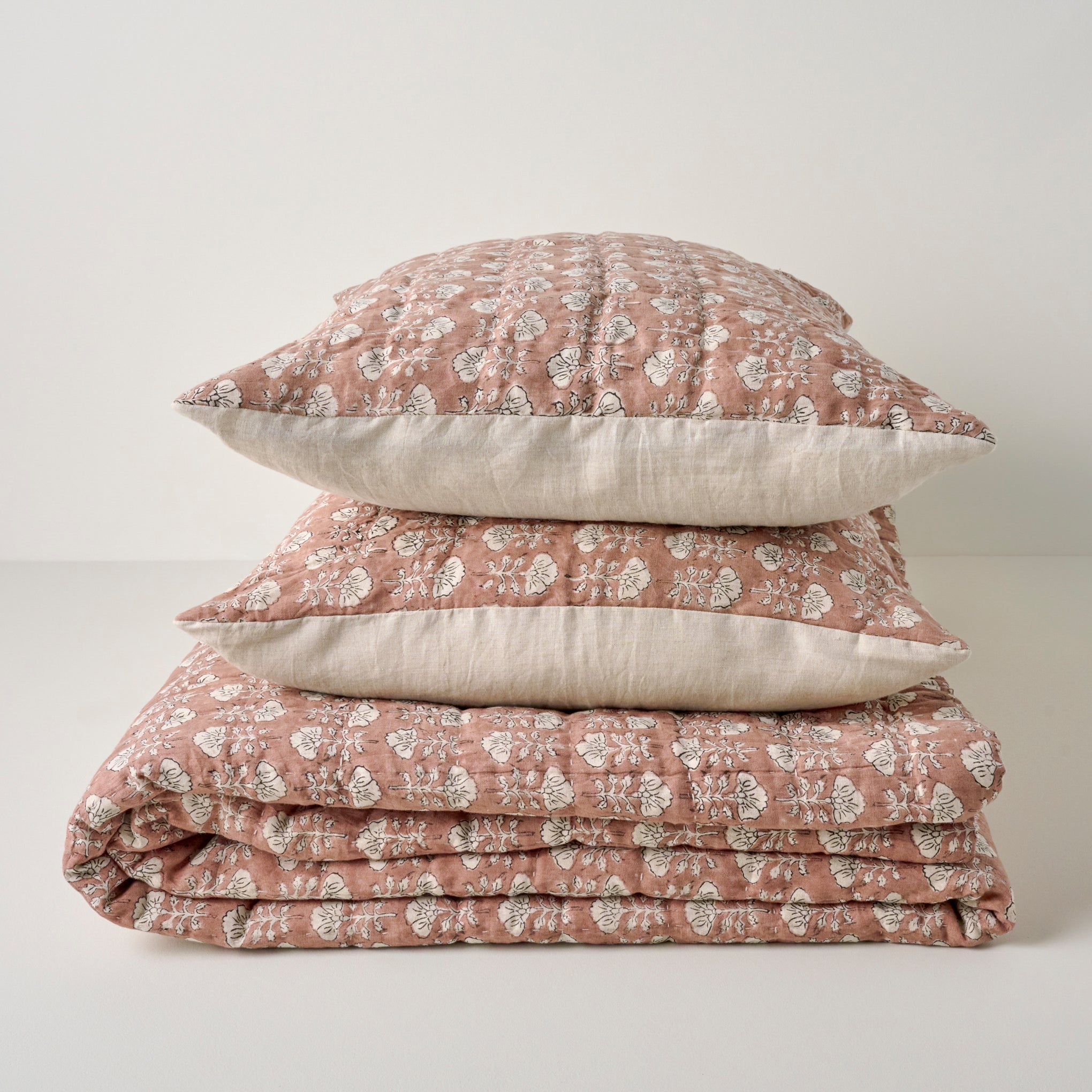 Desert Clay Flora Block Print Quilt + Sham Set (King)