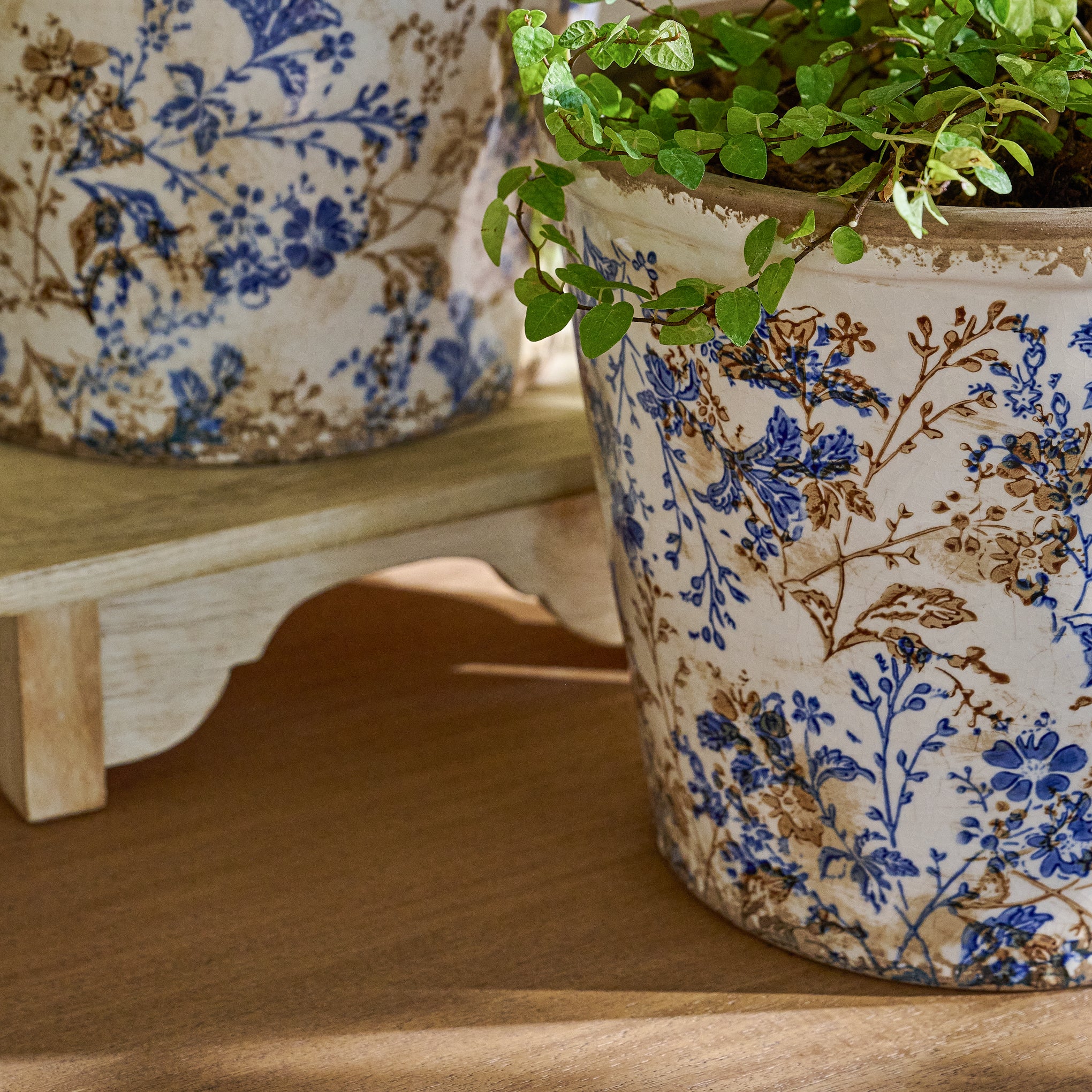 Blue and White Distressed Planters in a room