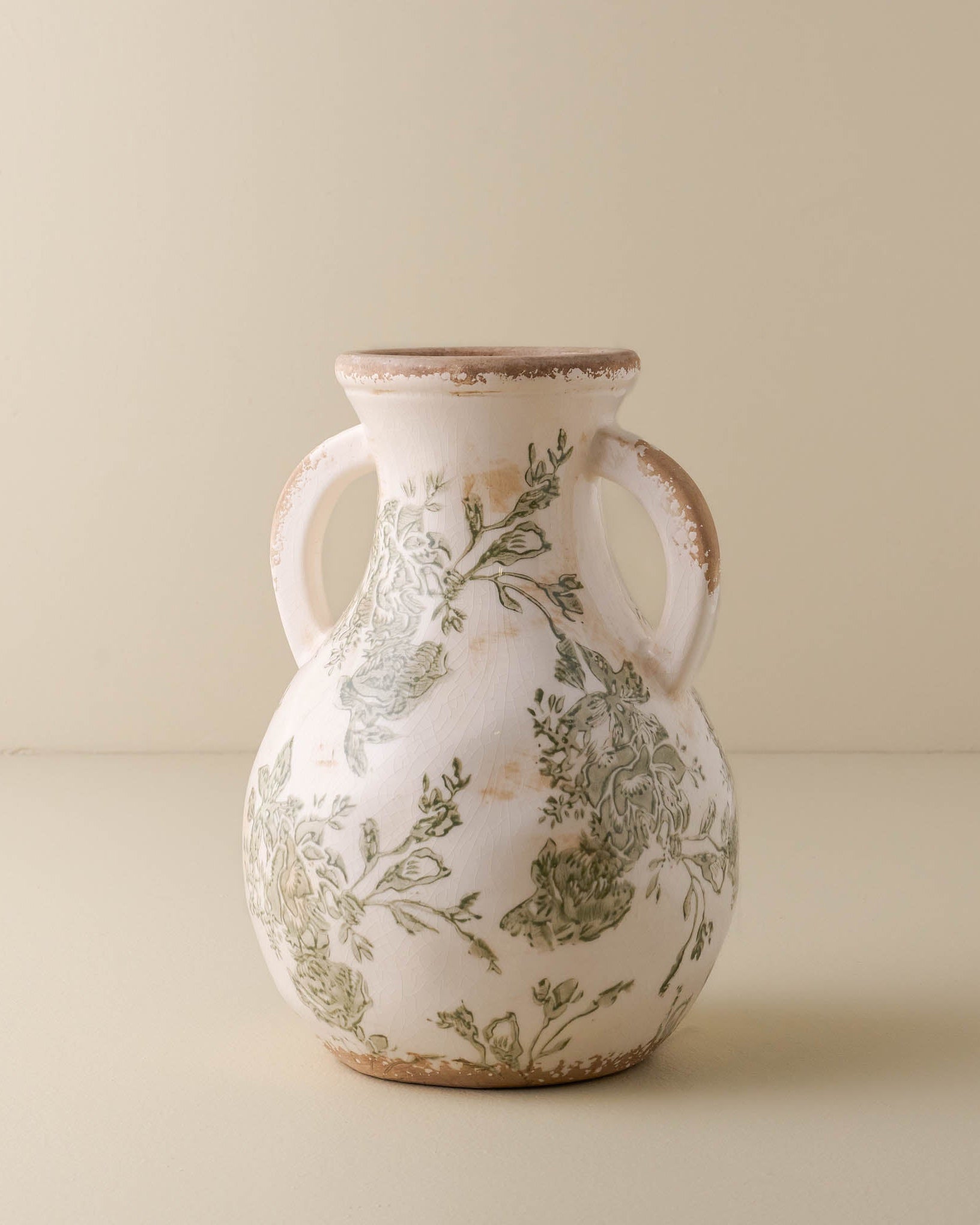 small sized Green and White floral Distressed Vase with two handles