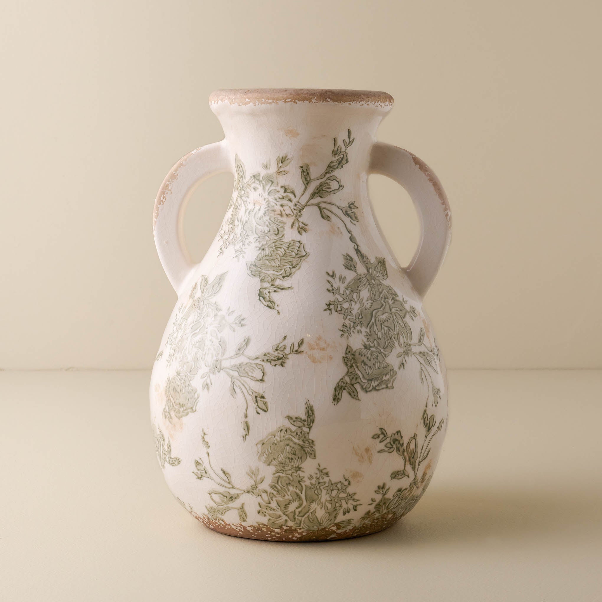 large sized Green and White floral distressed Vase with two handles