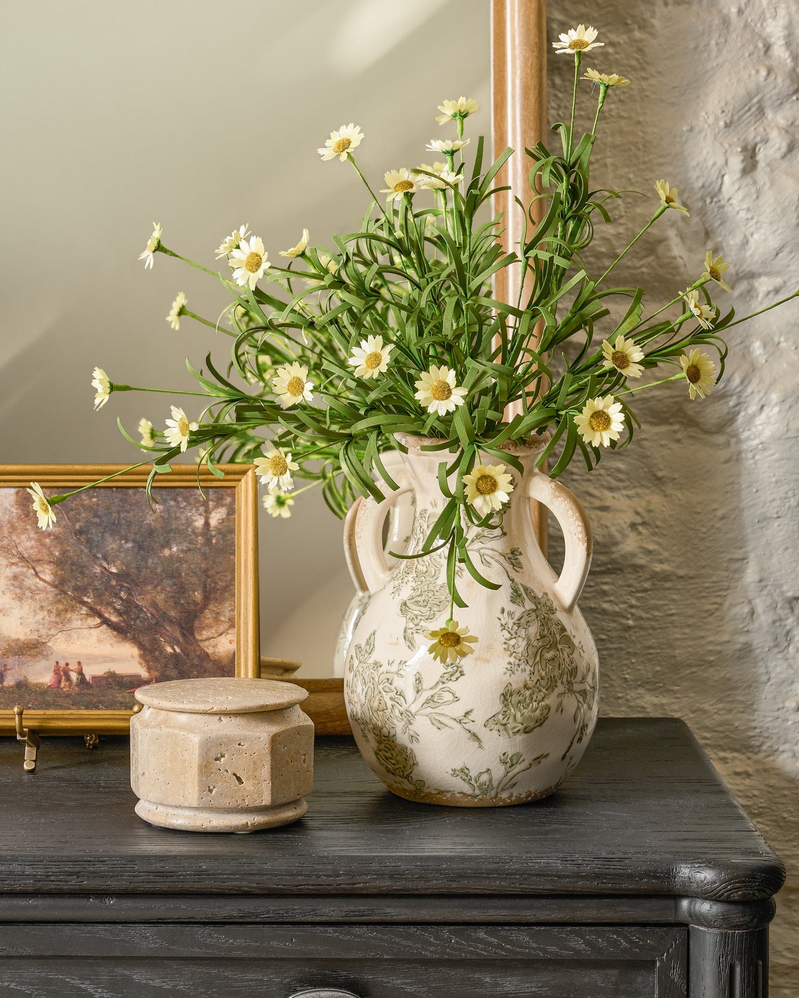 Green and White Distressed Vase with Handle