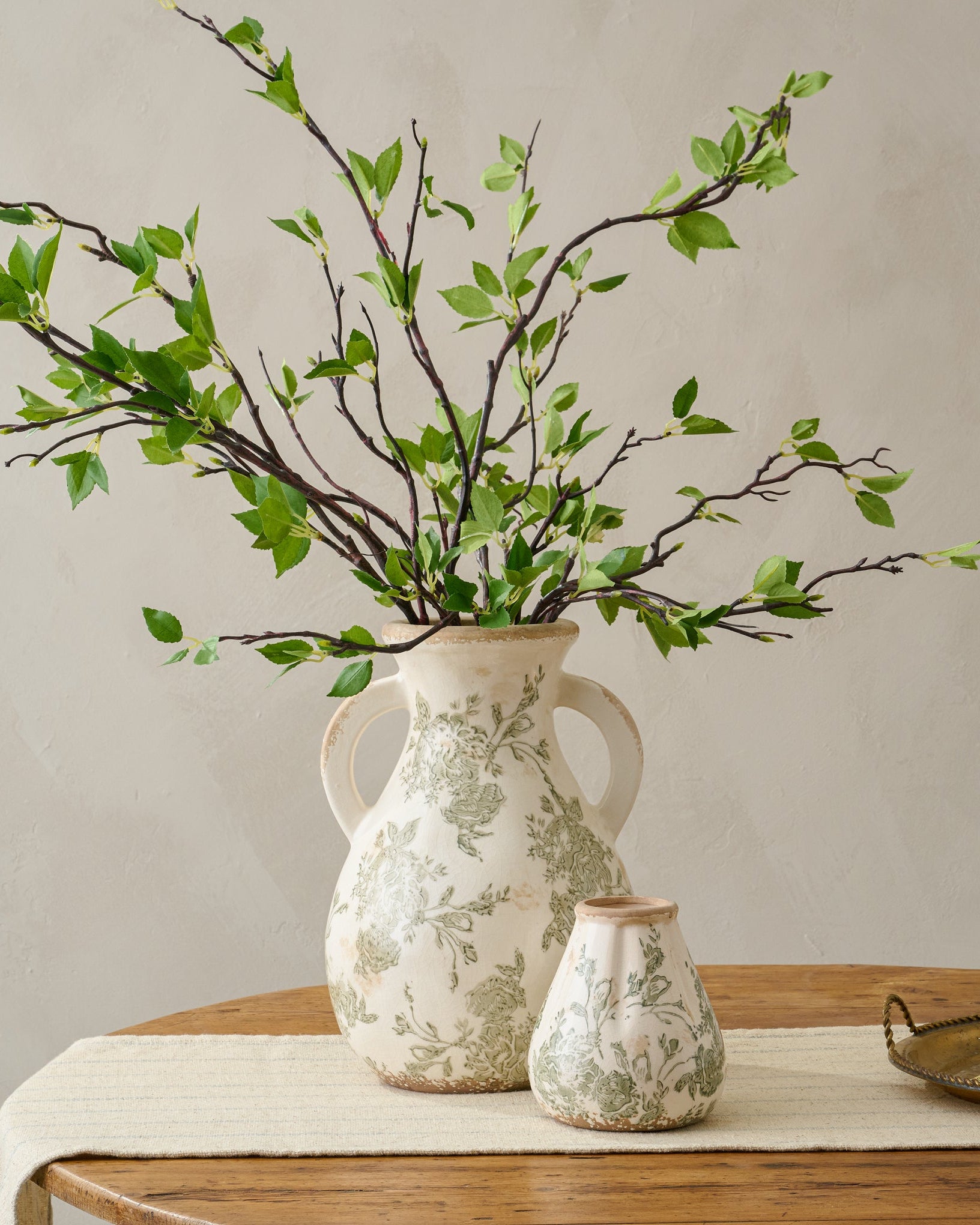 Green and White Distressed Vase with Handle