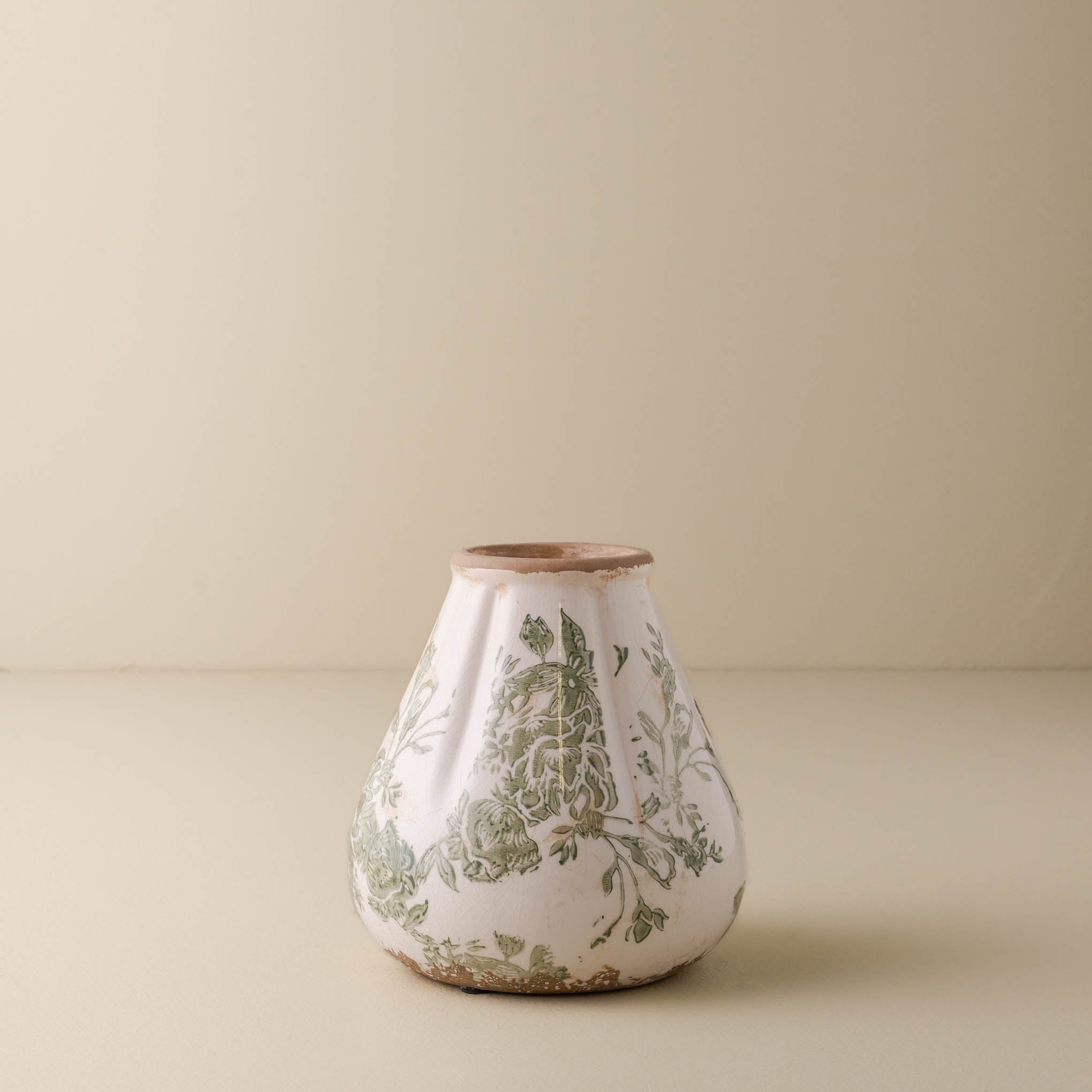 large sized Fluted Green and White floral Distressed bud Vase