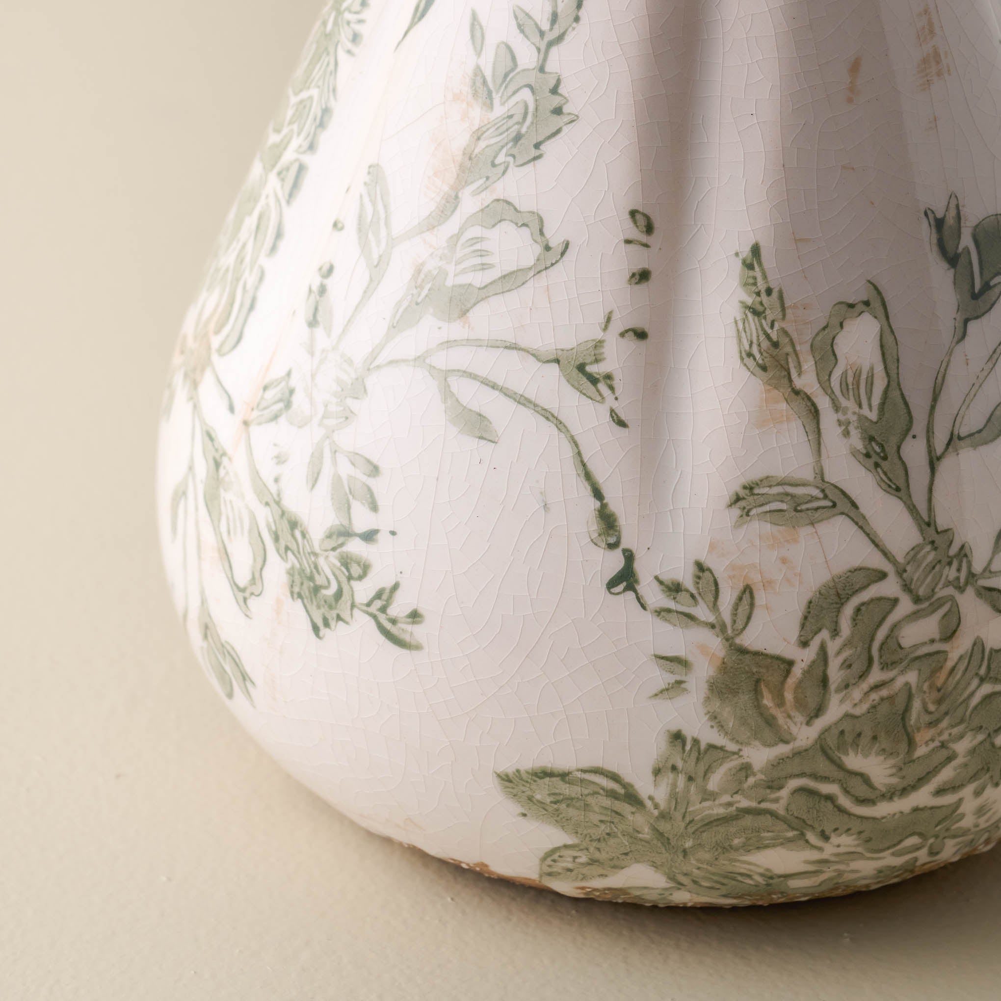 close detail view of Fluted Green and White floral Distressed bud Vase