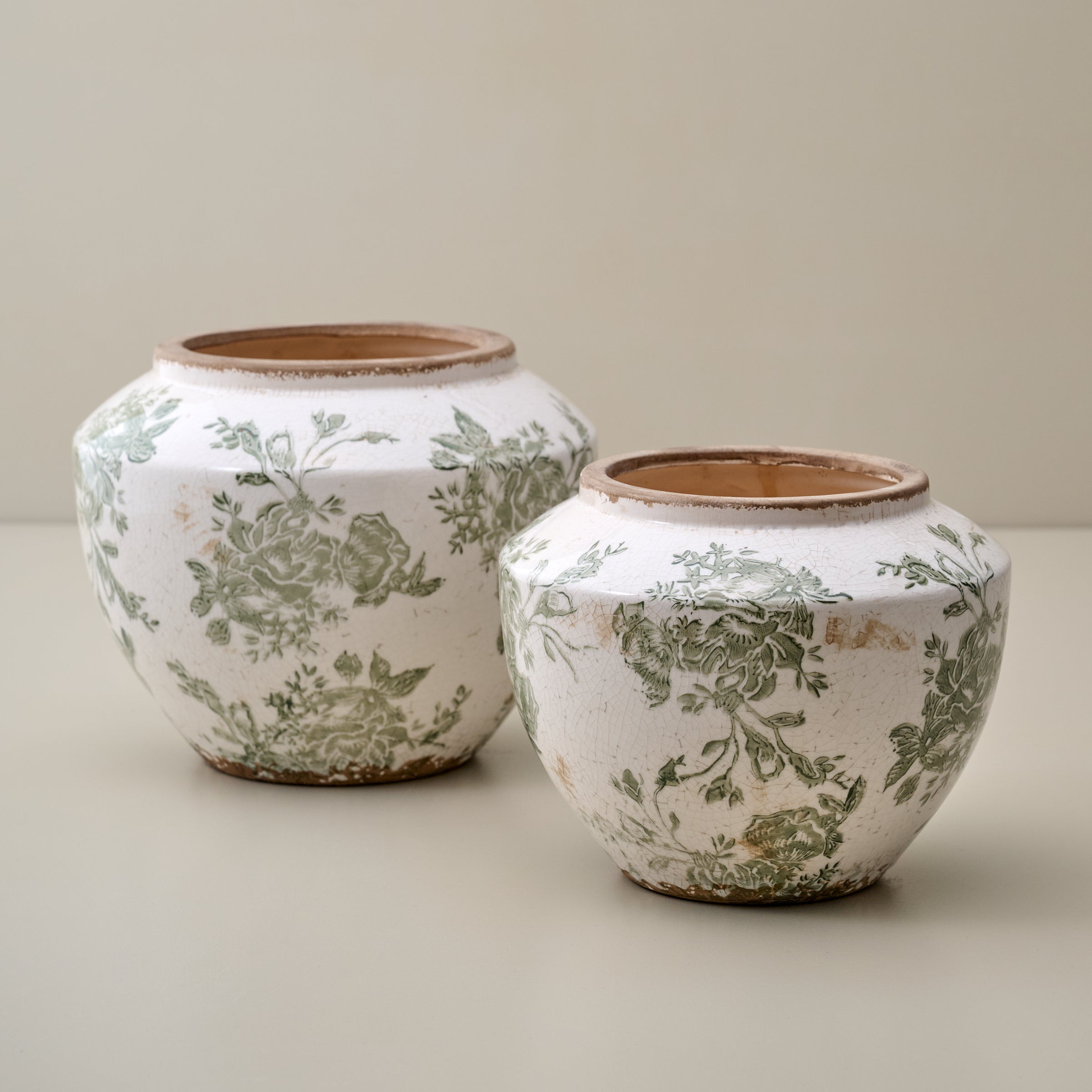 Green and White Distressed Floral Vases