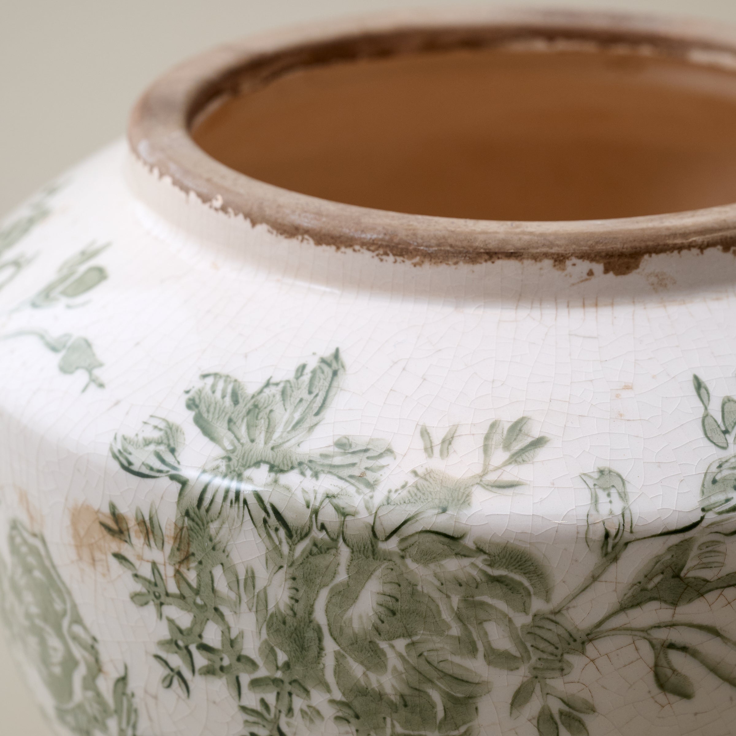 Small Green and White Distressed Floral Vase up close