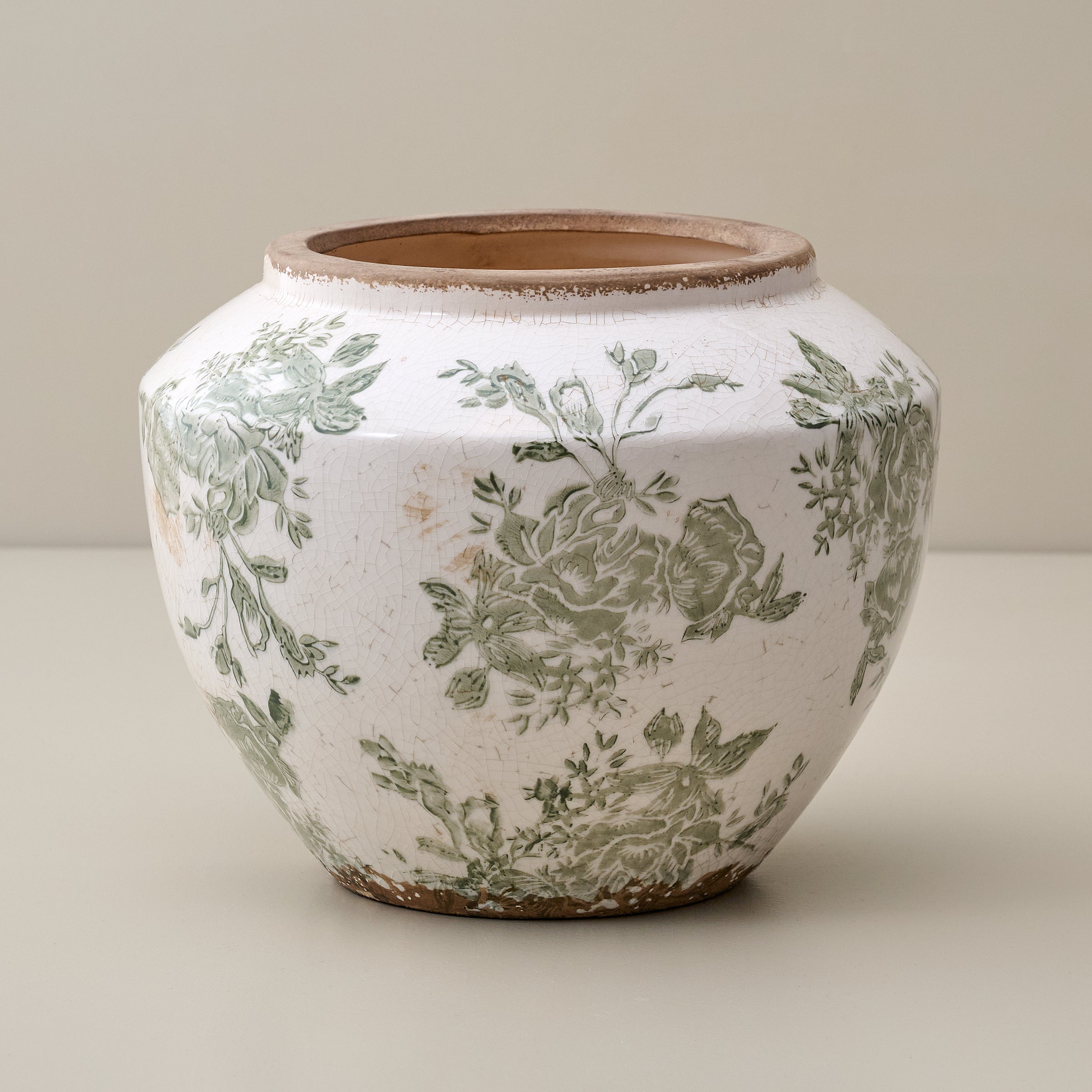 Large Green and White Distressed Floral Vase