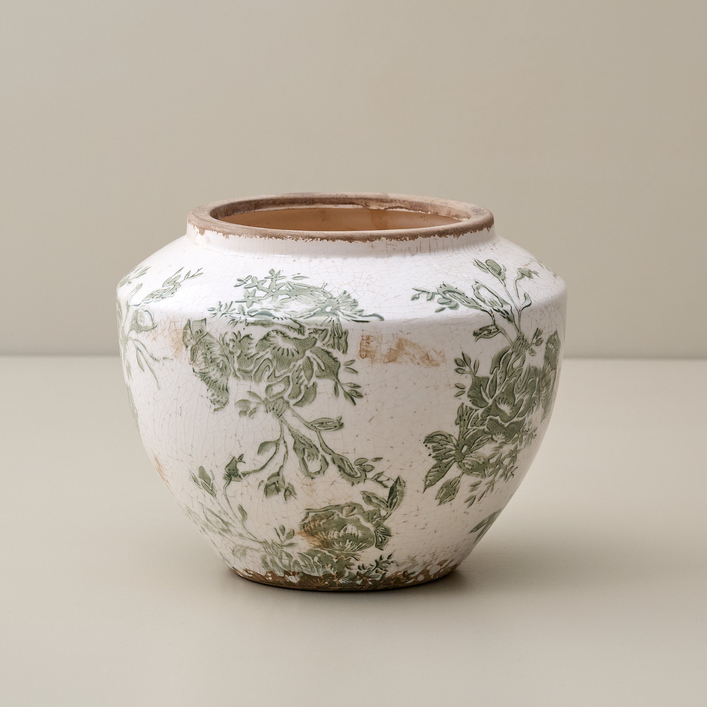 Small Green and White Distressed Floral Vase