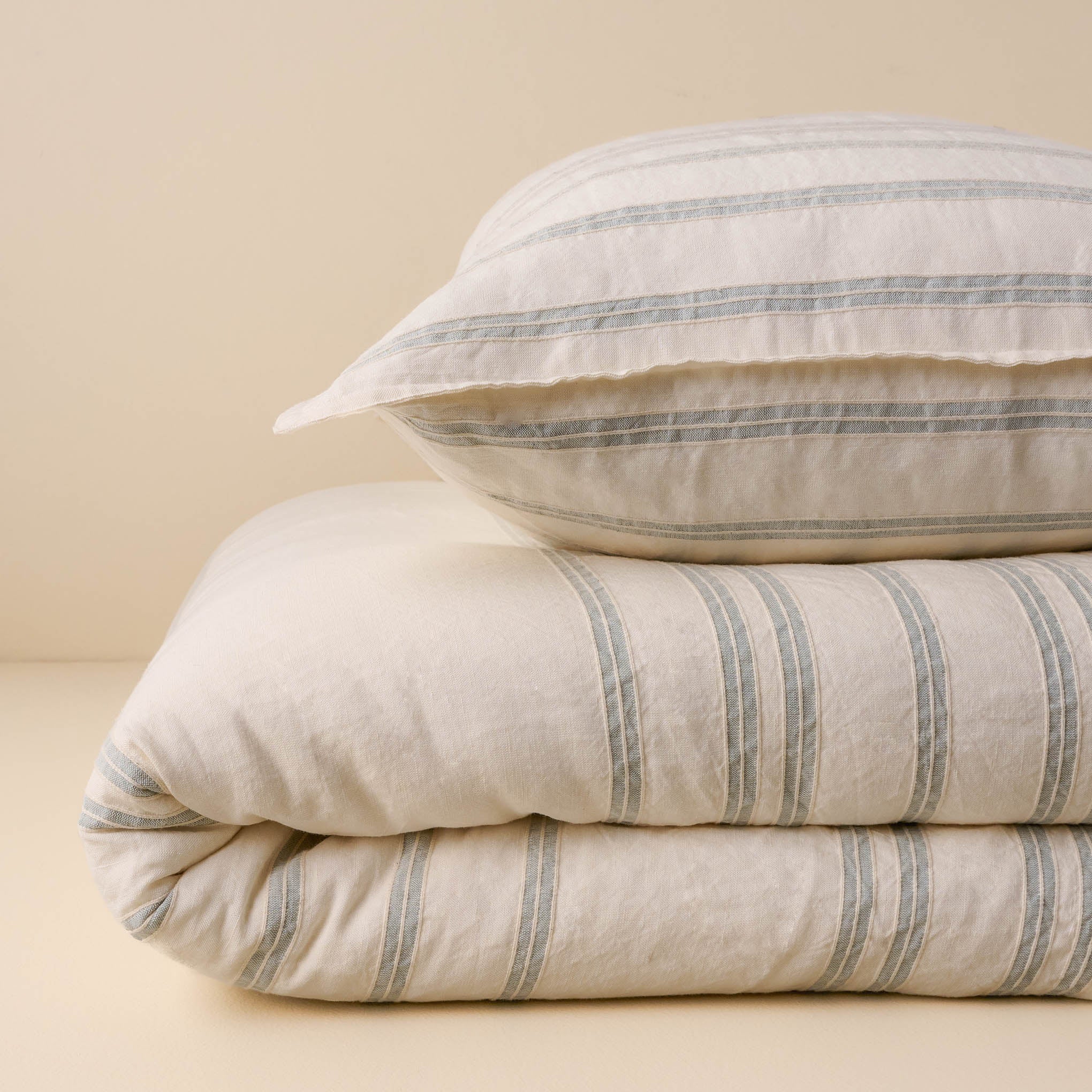 Folded Embroidered Chambray Stripe Linen Cotton Duvet and Pillow Sham