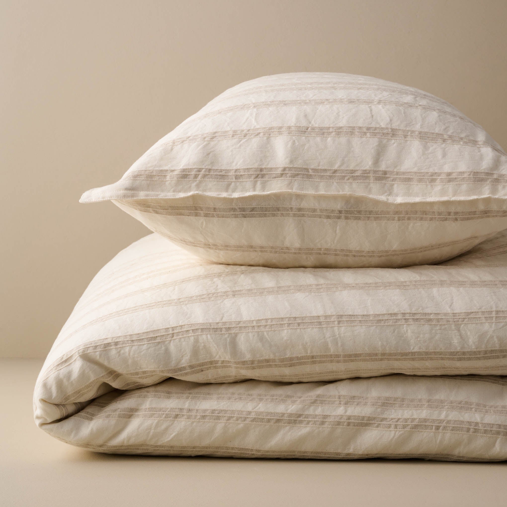 Stacked Embroidered Oatmeal Stripe Linen Cotton Duvet and Pillow Sham