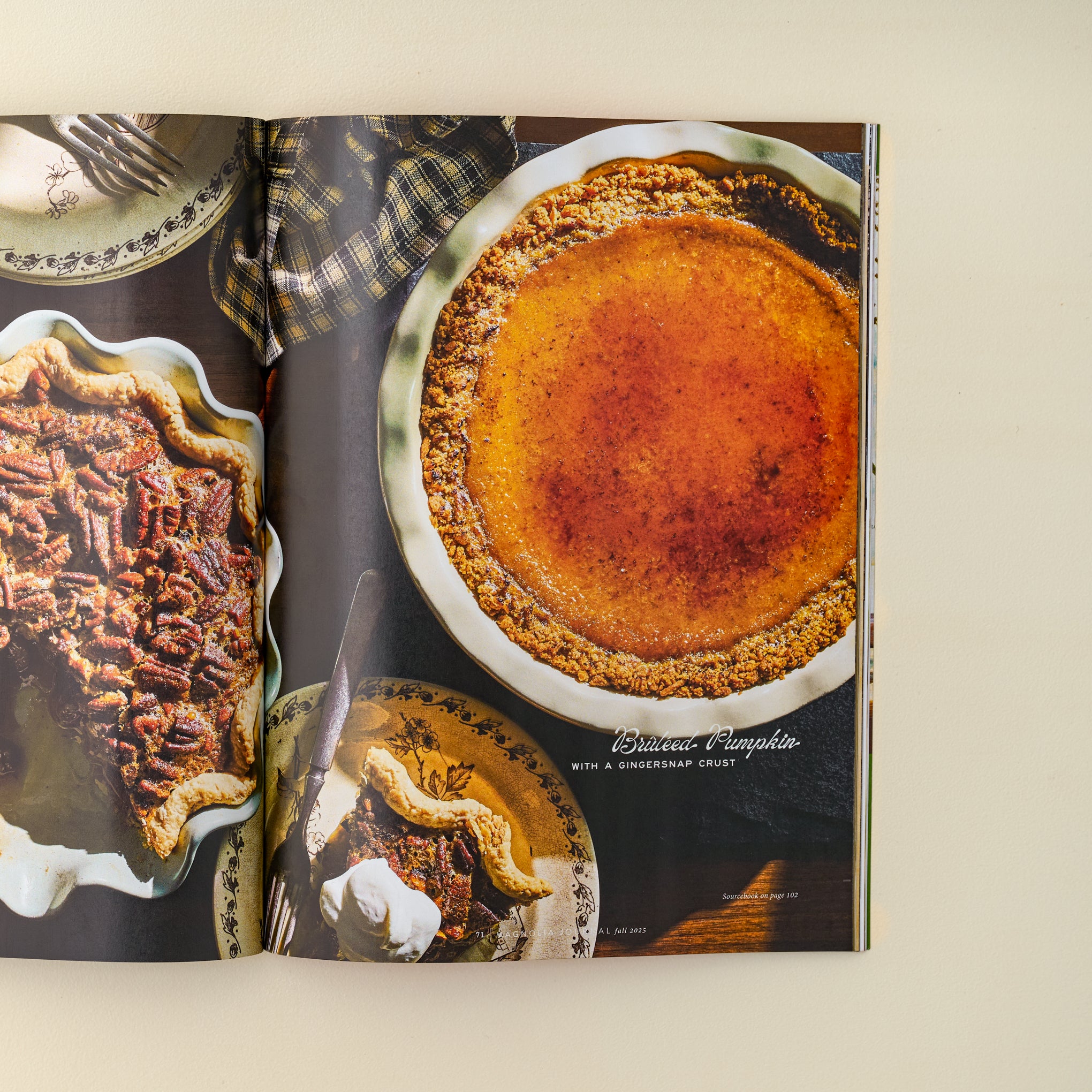 Magnoliass Journal Fall 2025 shown open to bruleed pumpkin recipe